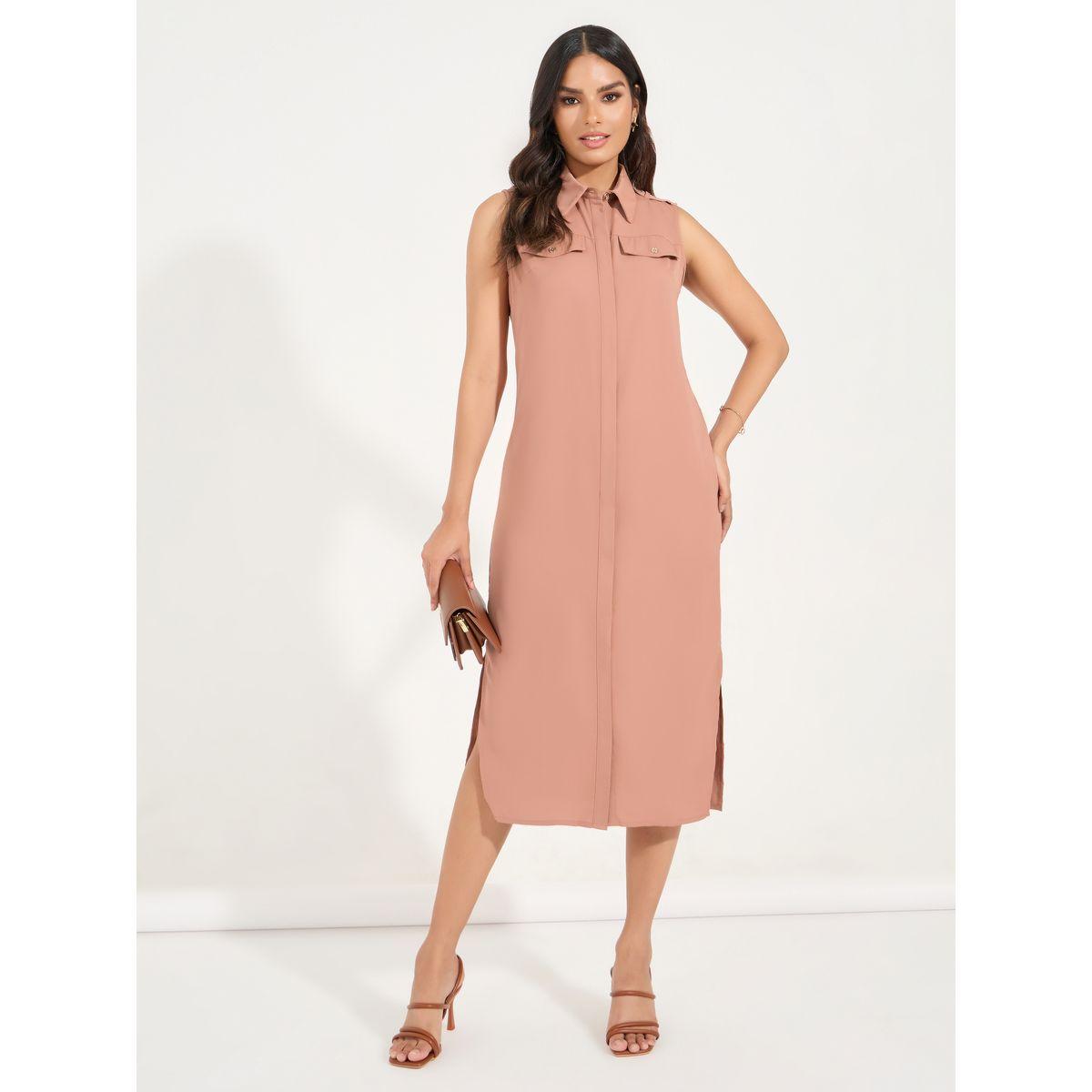 Styli Sleeveless Shirt Midi Dress with Concealed Placket-women-clothing-dresses-image-4