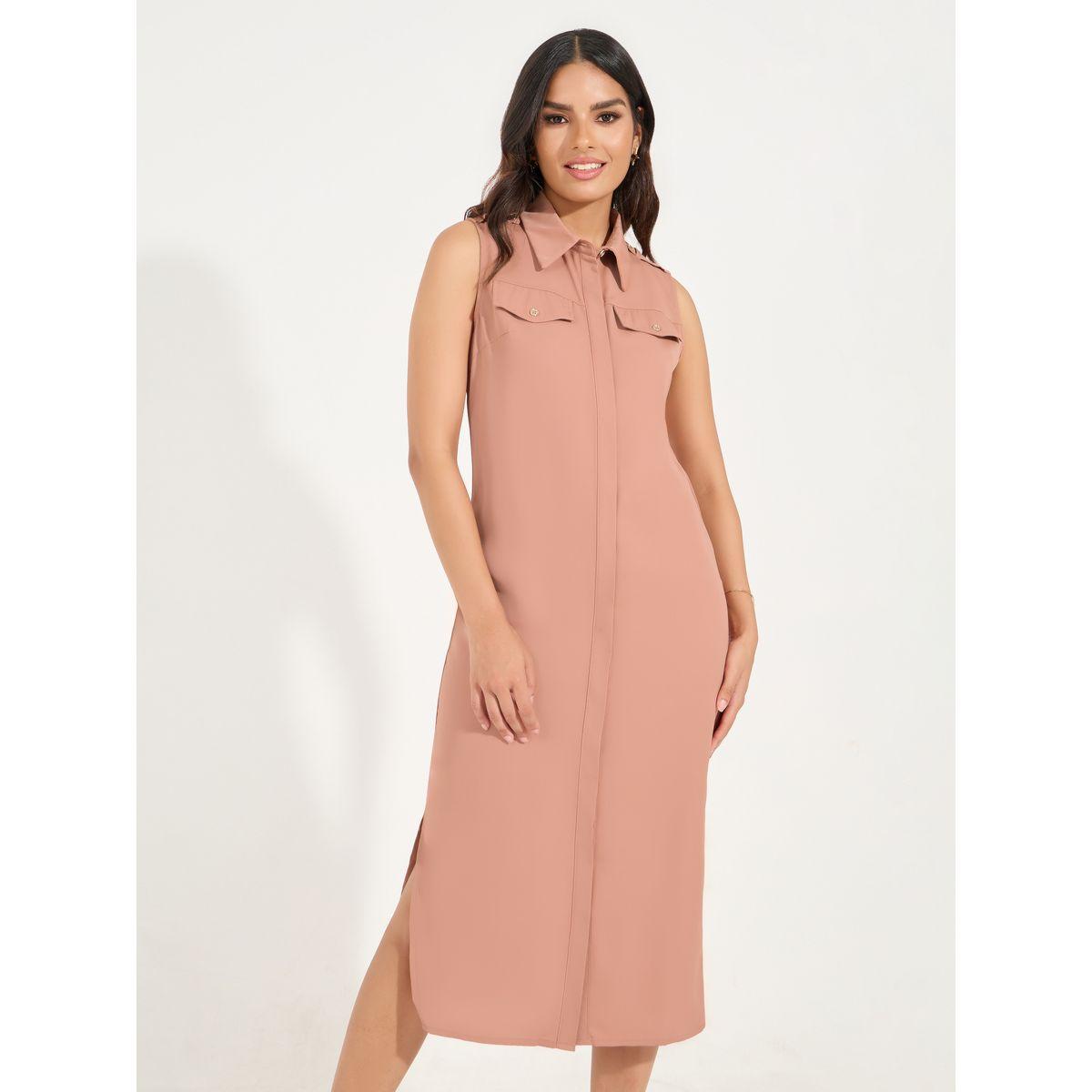 Styli Sleeveless Shirt Midi Dress with Concealed Placket-women-clothing-dresses-image-5
