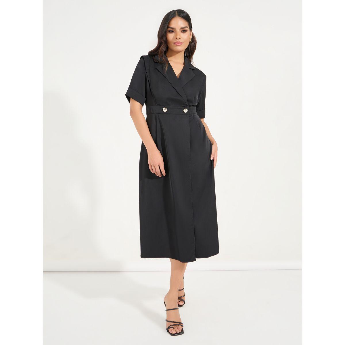 Styli Notch Lapel Blazer Midi Dress with Button Detail-women-clothing-dresses-image-1