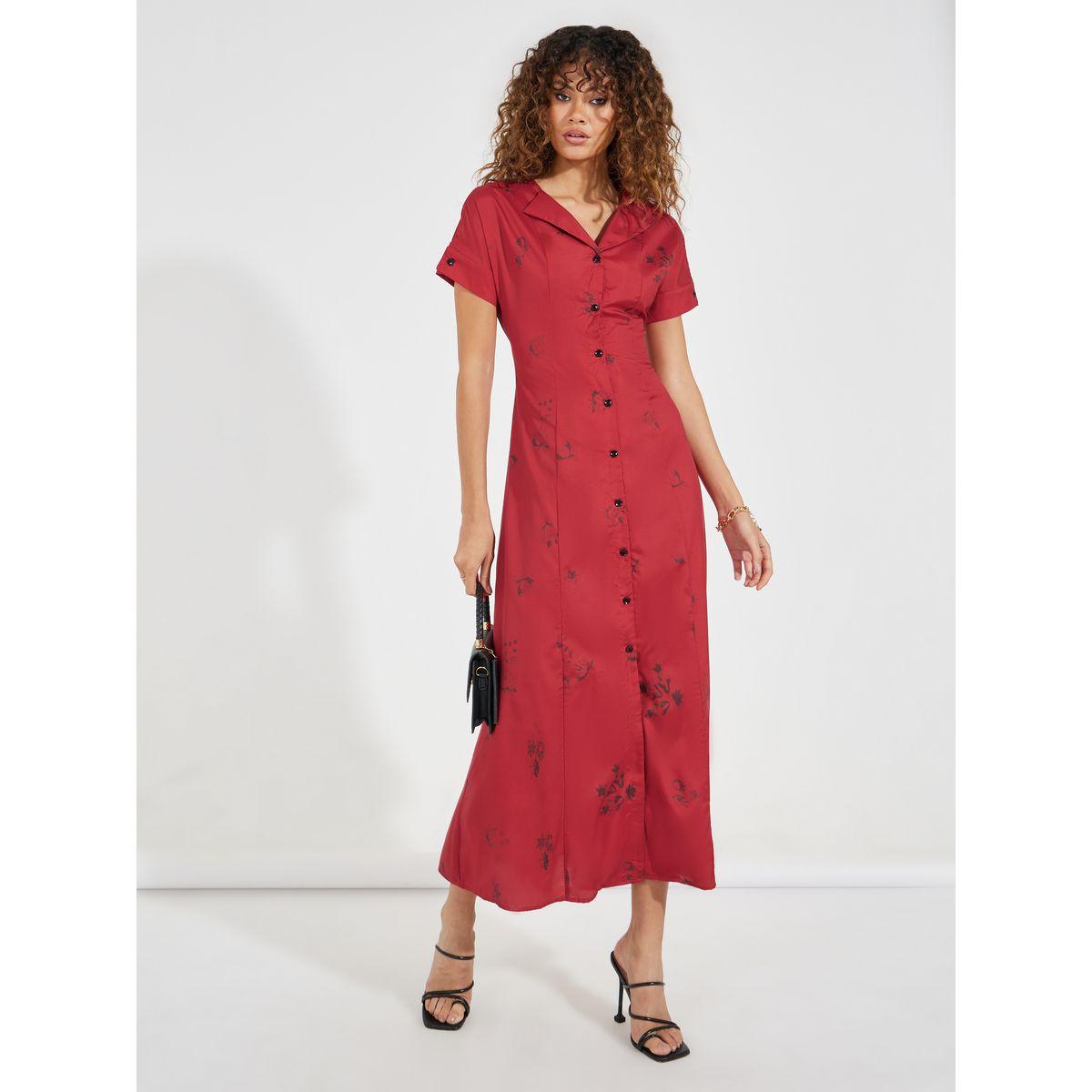 Styli Floral Sketch Print Collared A-Line Maxi Dress-women-clothing-dresses-image-1