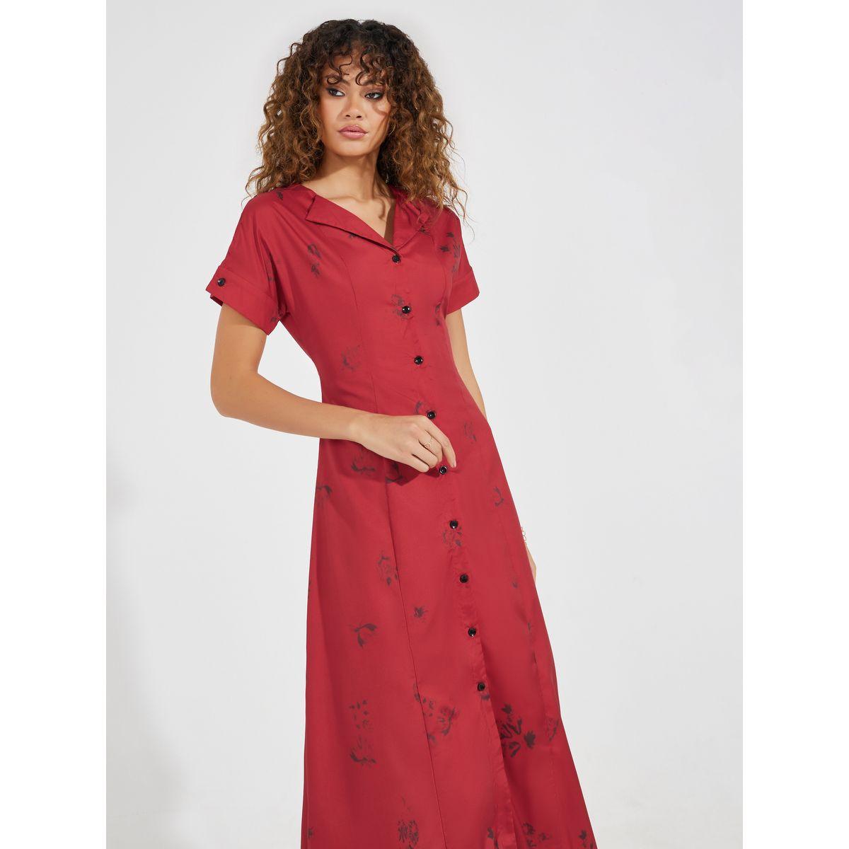 فستان طويل بياقة مع طبعة زهور سكيتش-women-clothing-dresses-image-2