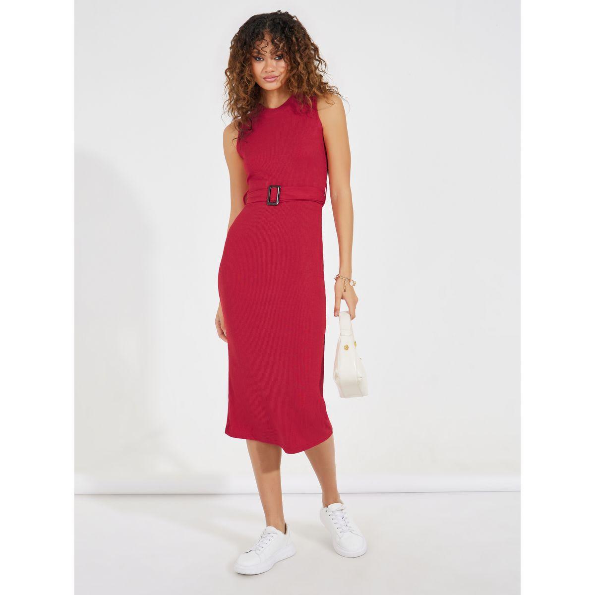 فستان بديكون ميدي بلا اكمام مع رباط خصر-women-clothing-dresses-image-1