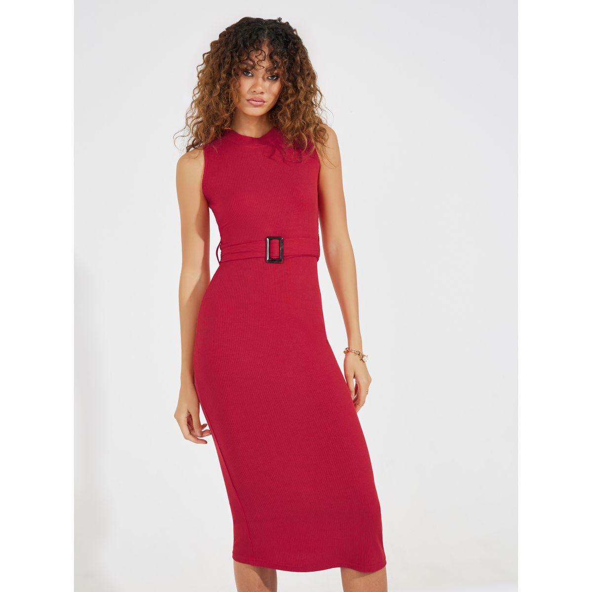 فستان بديكون ميدي بلا اكمام مع رباط خصر-women-clothing-dresses-image-5