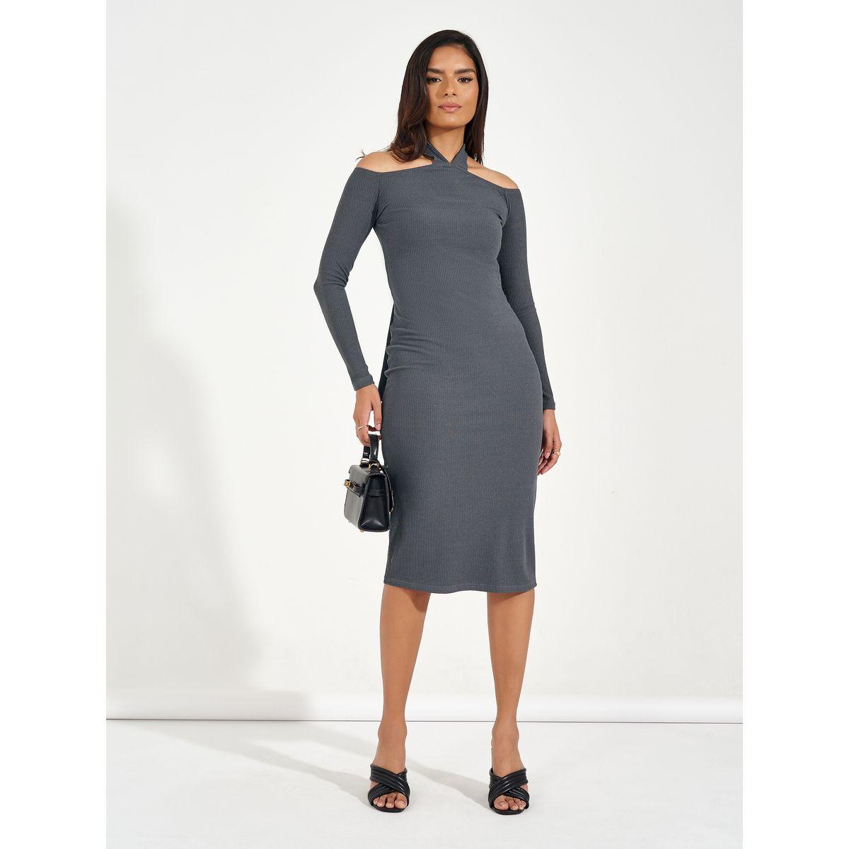 Styli Plain Cold Shoulder Sheath Midi Dress-women-clothing-dresses-image-1