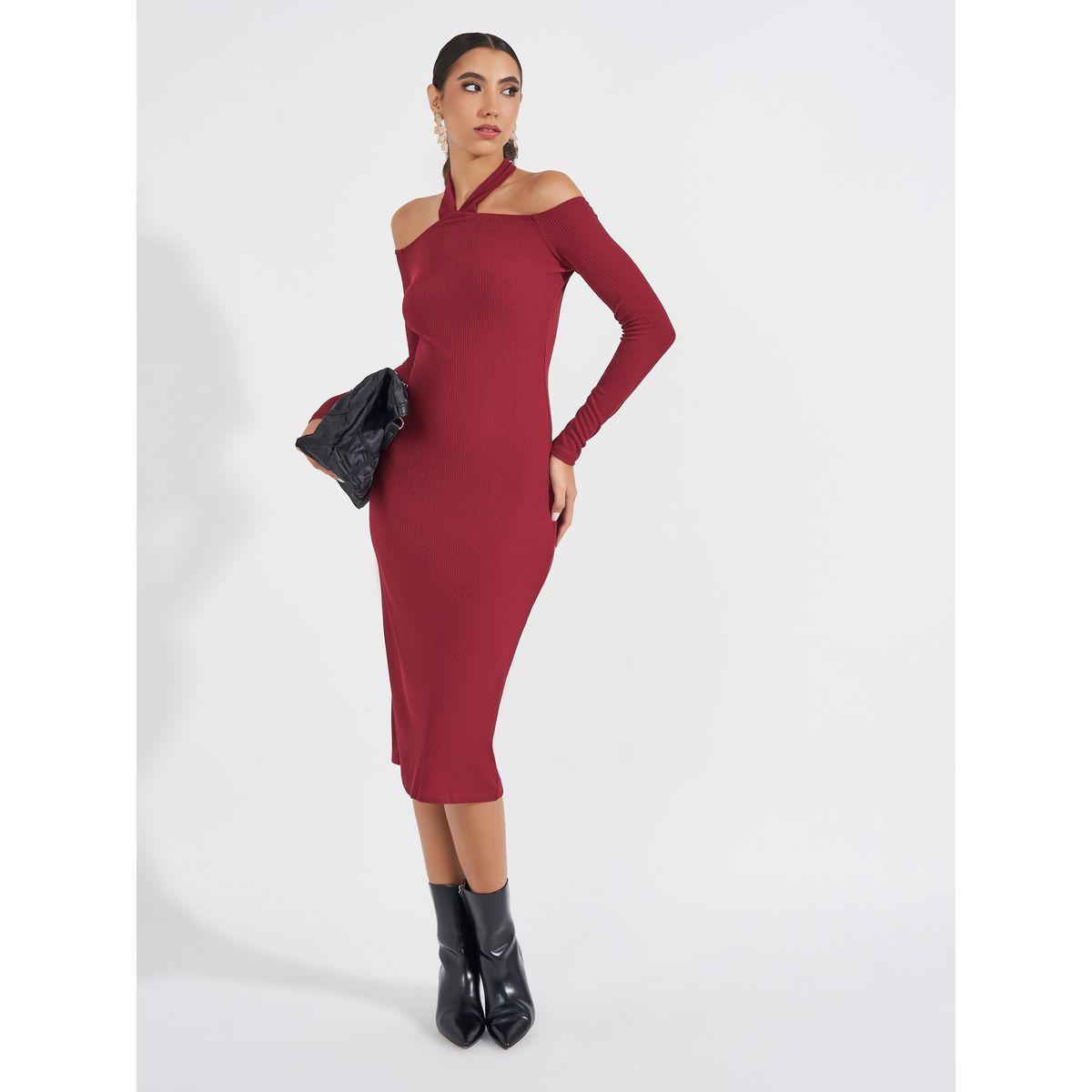 Styli Plain Cold Shoulder Sleeve Bodycon Midi Dress-women-clothing-dresses-image-1