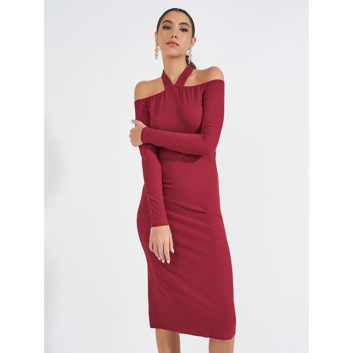 فستان ميدي سادة بأكتاف مكشوفة-women-clothing-dresses-image-2