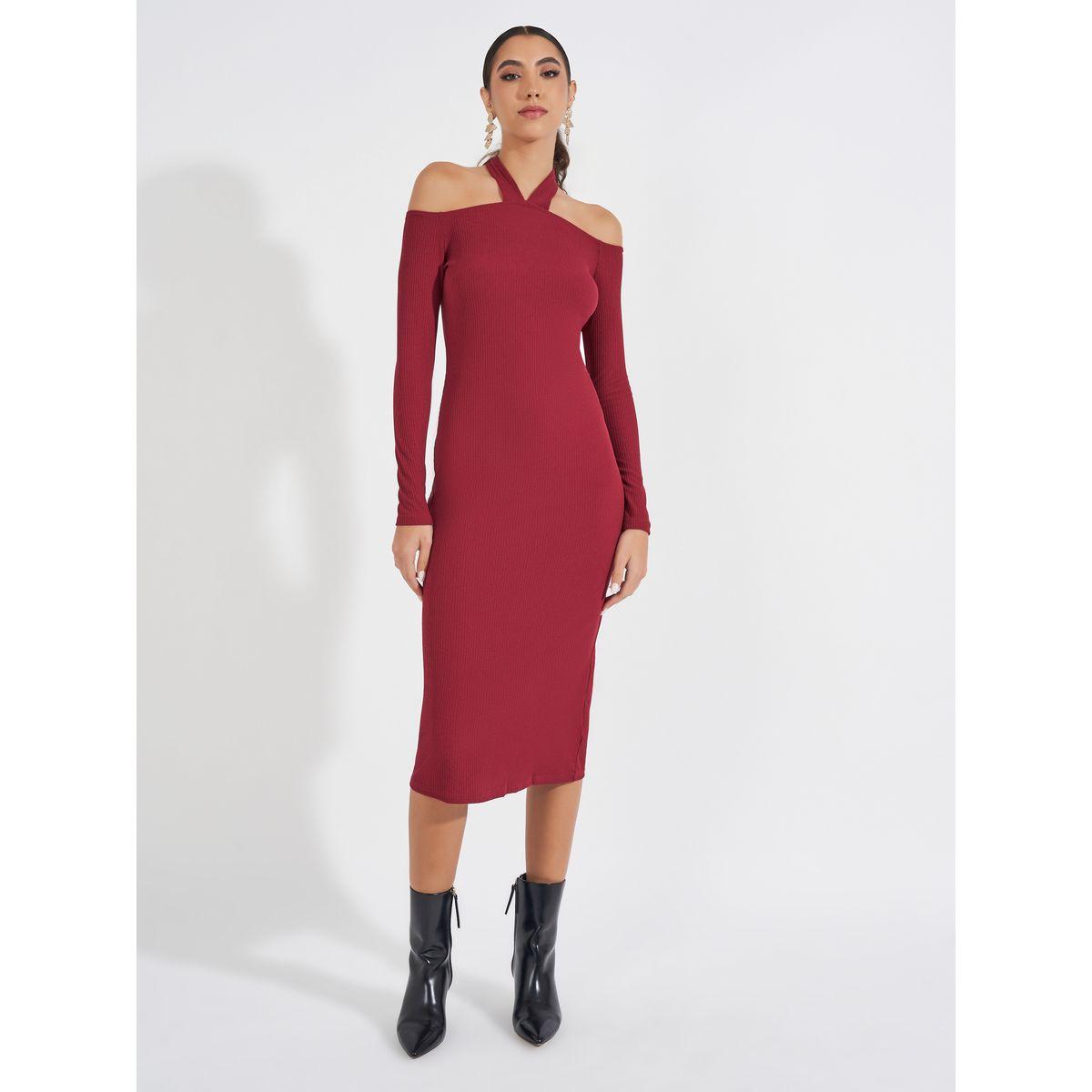 Styli Plain Cold Shoulder Sleeve Bodycon Midi Dress-women-clothing-dresses-image-3