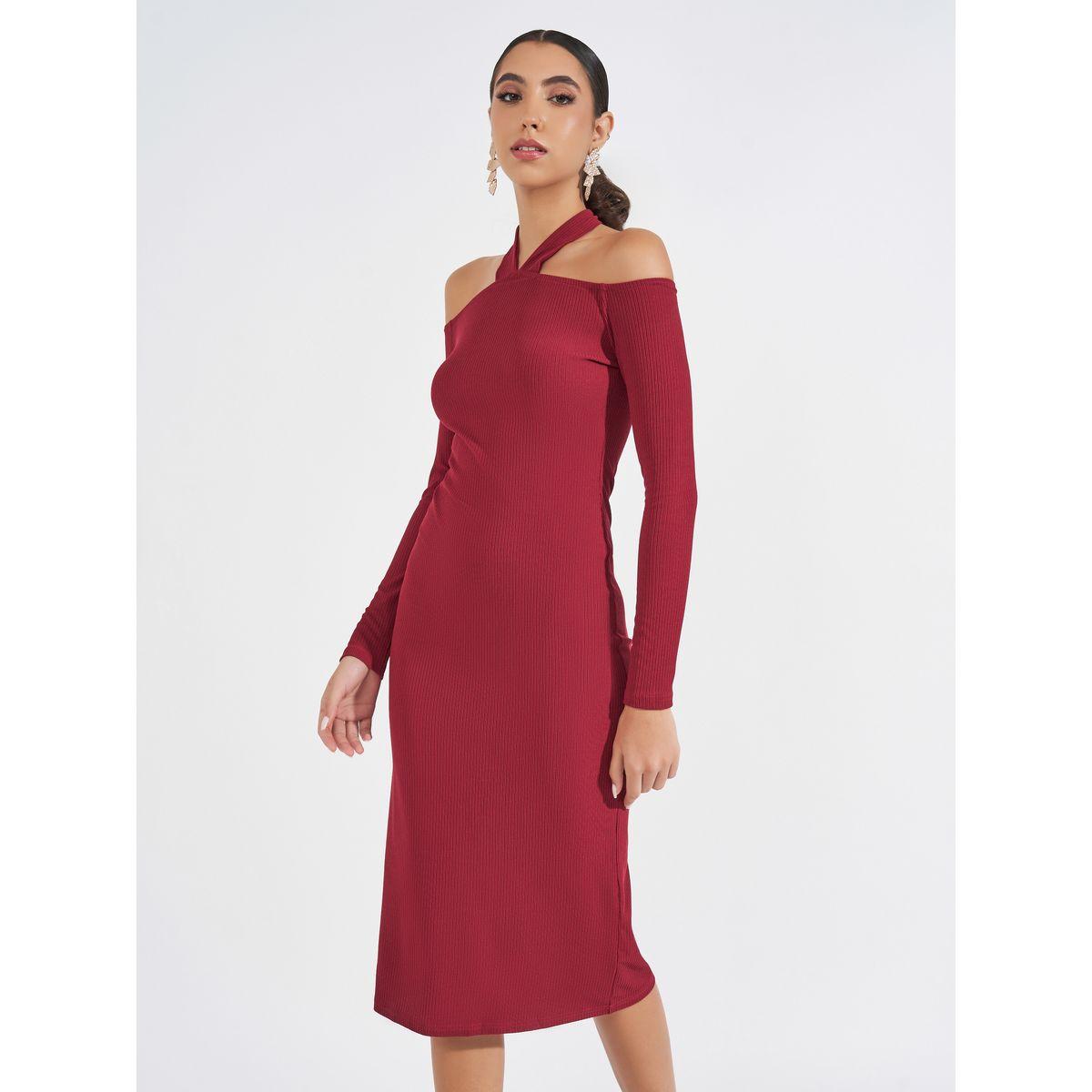 Styli Plain Cold Shoulder Sleeve Bodycon Midi Dress-women-clothing-dresses-image-5