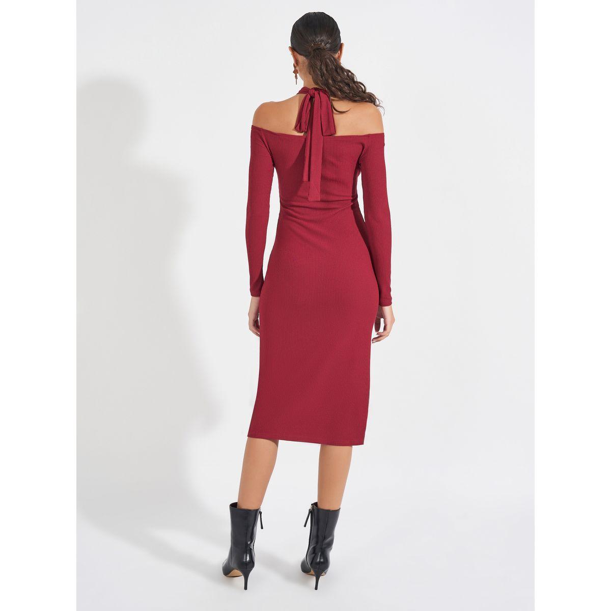 Styli Plain Cold Shoulder Sleeve Bodycon Midi Dress-women-clothing-dresses-image-6