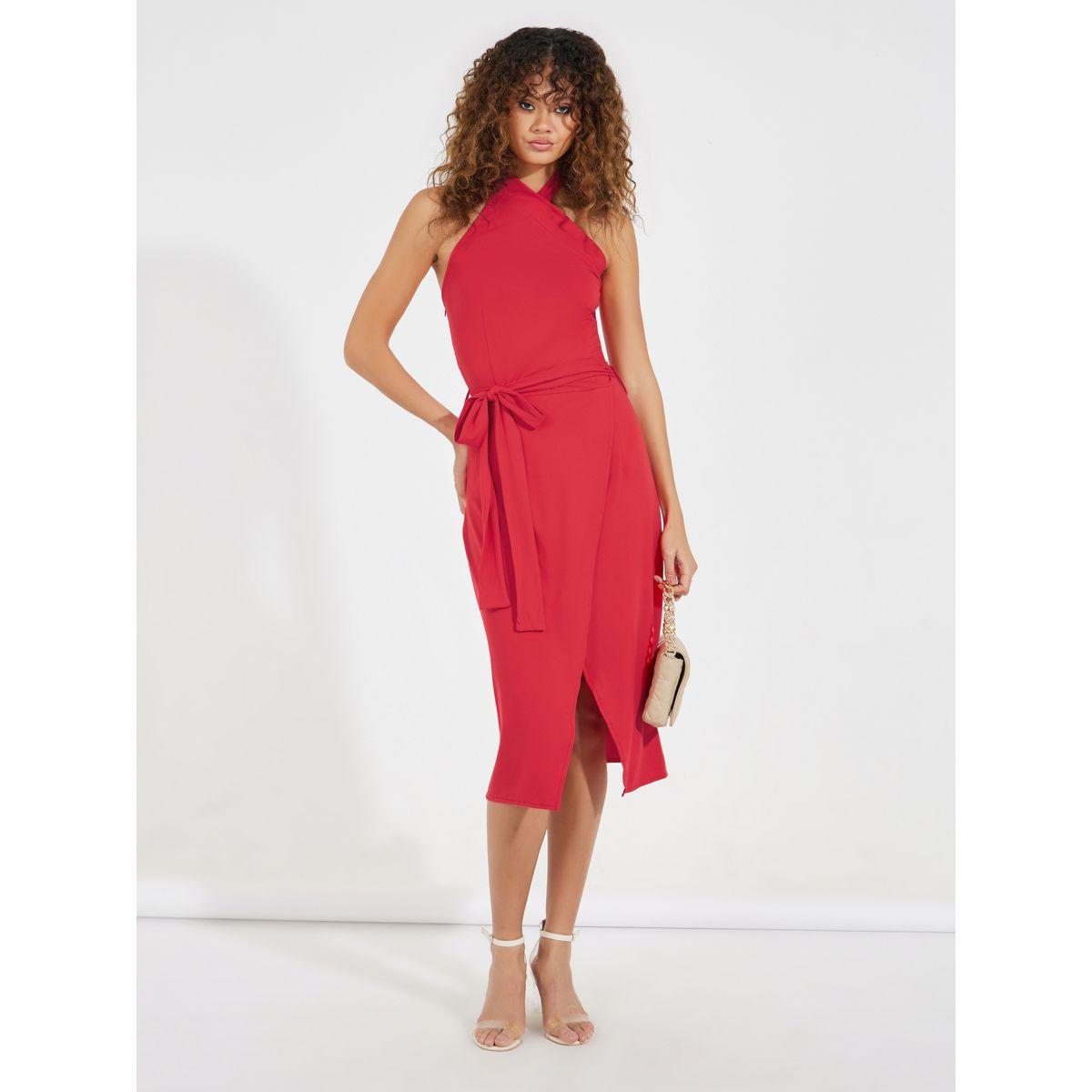 slim fit dress slacks Sonoma Halterneck Faux Wrap Twist Back Maxi Dress Forest Green– Selfie  Leslie main image 1