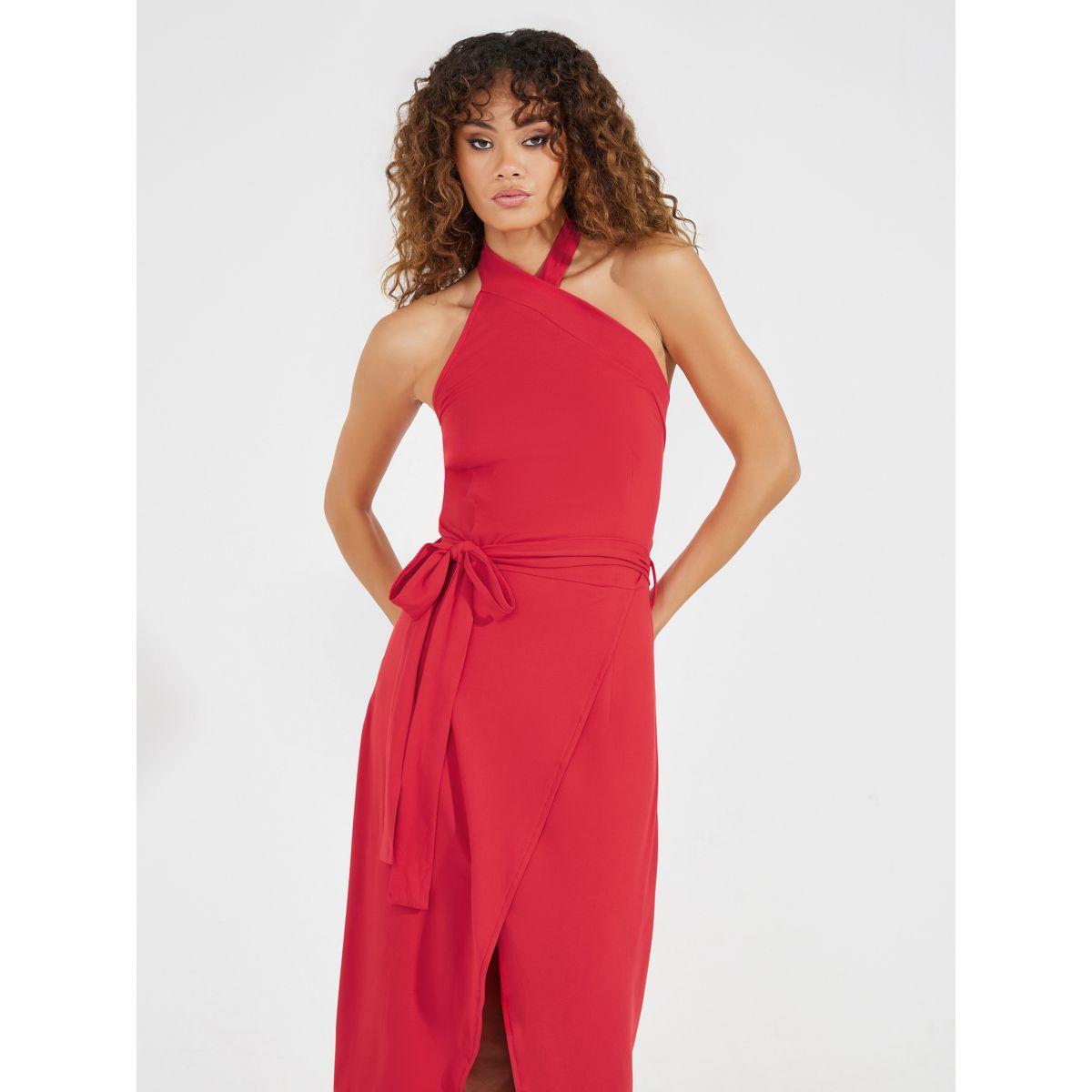 Styli Halter Neck Wrap Front Midi Dress with Tie Belt-women-clothing-dresses-image-2