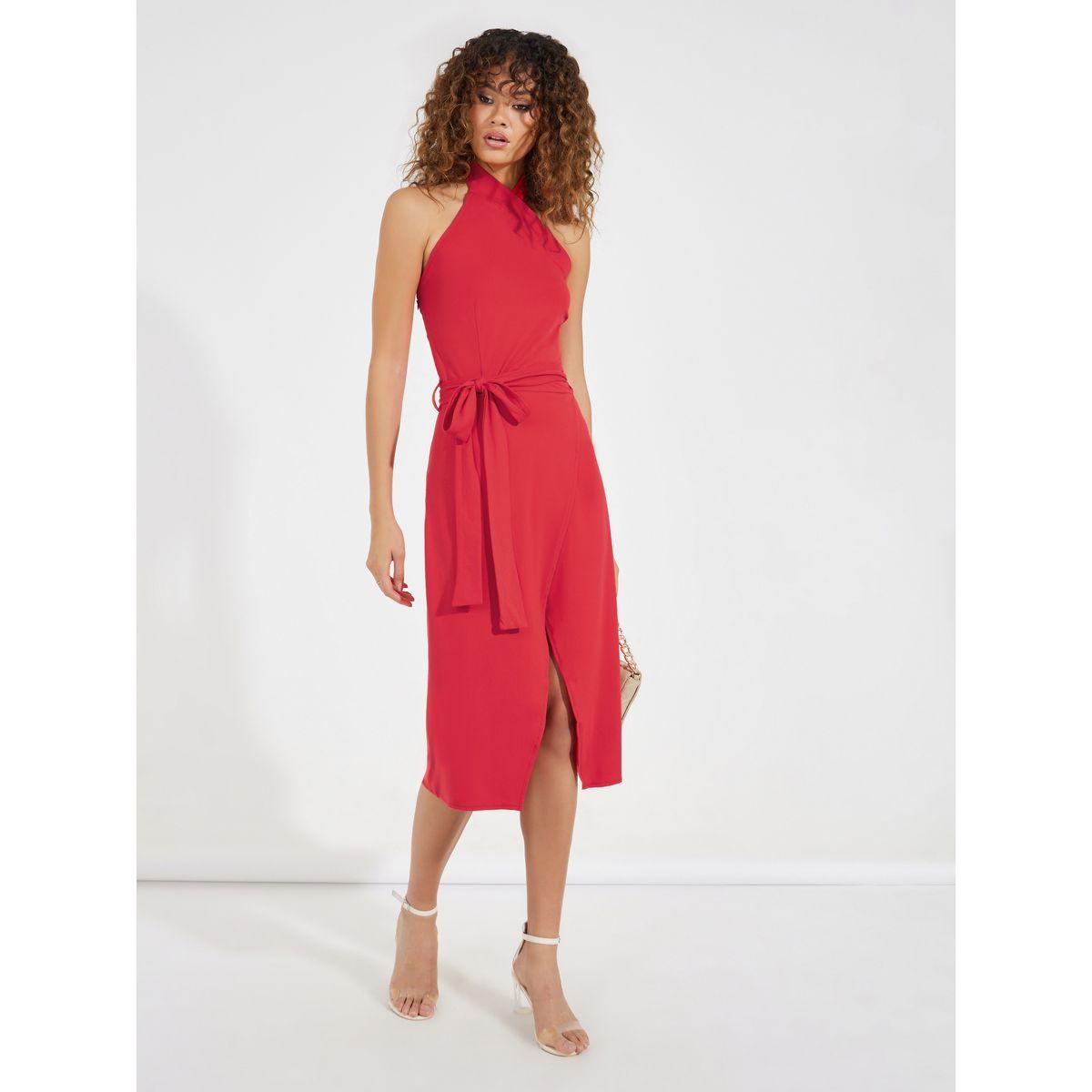 Styli Halter Neck Wrap Front Midi Dress with Tie Belt-women-clothing-dresses-image-3