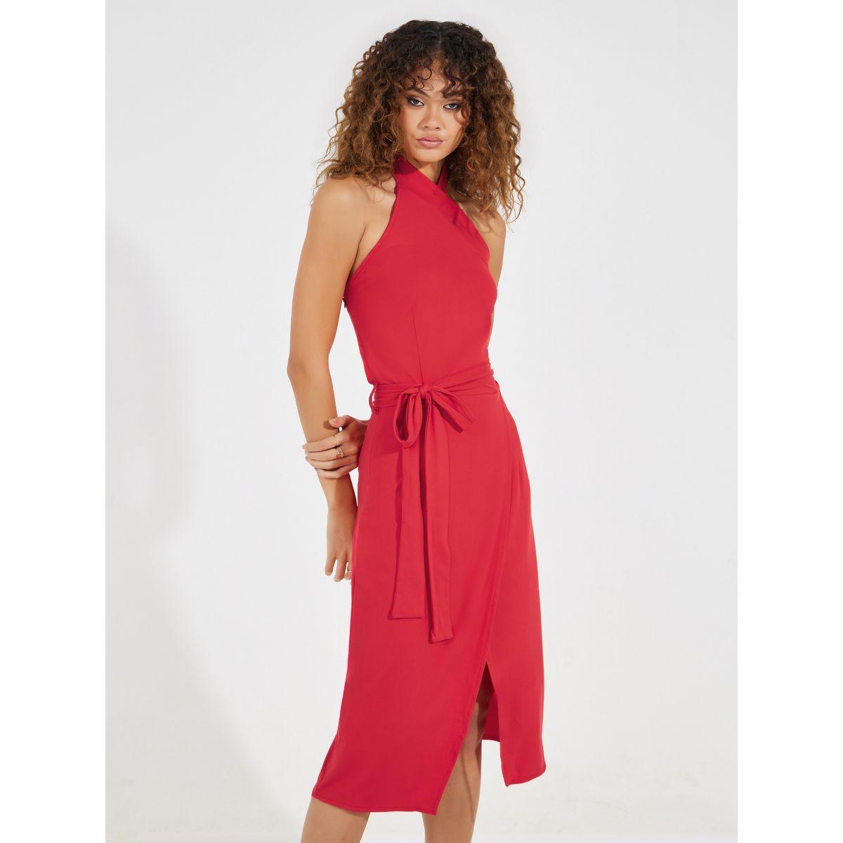 Styli Halter Neck Wrap Front Midi Dress with Tie Belt-women-clothing-dresses-image-4