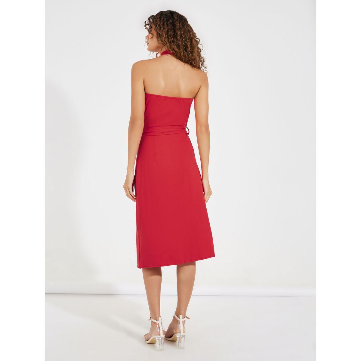 Styli Halter Neck Wrap Front Midi Dress with Tie Belt-women-clothing-dresses-image-6