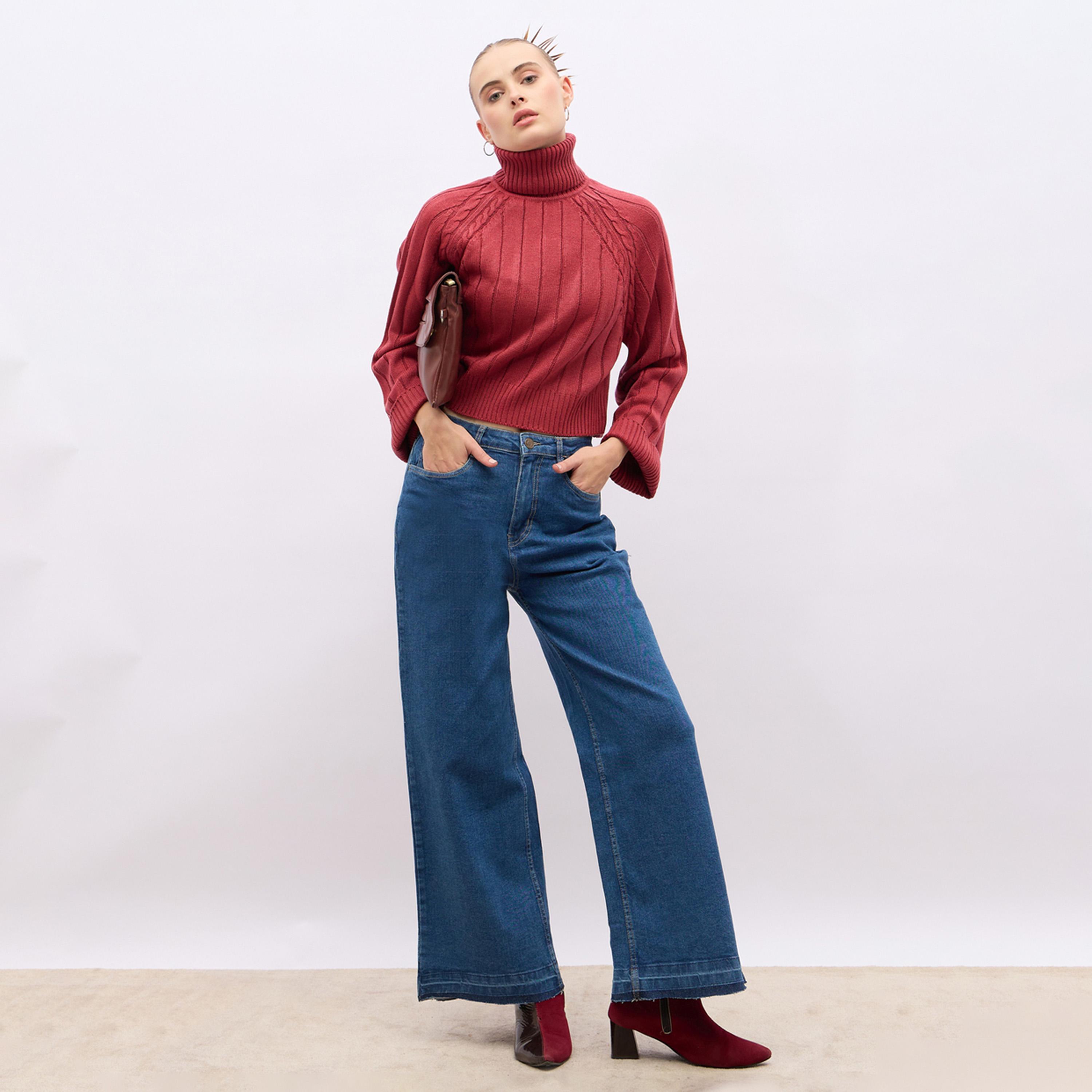 ستايلي - بنطال جينز واسع الساق بخصر مرتفع وحافة منسلة-women-clothing-bottoms-jeans-image-1