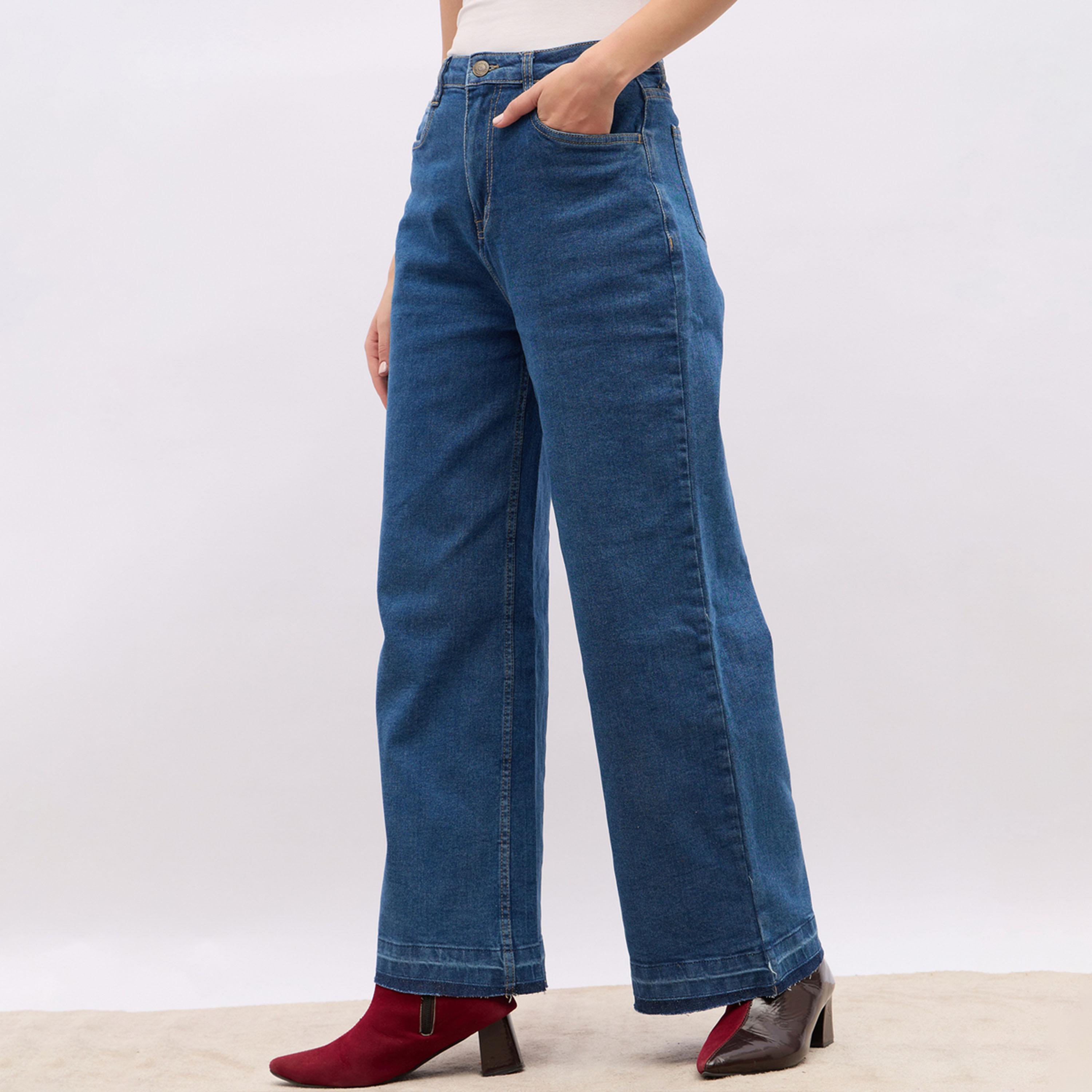 ستايلي - بنطال جينز واسع الساق بخصر مرتفع وحافة منسلة-women-clothing-bottoms-jeans-image-3