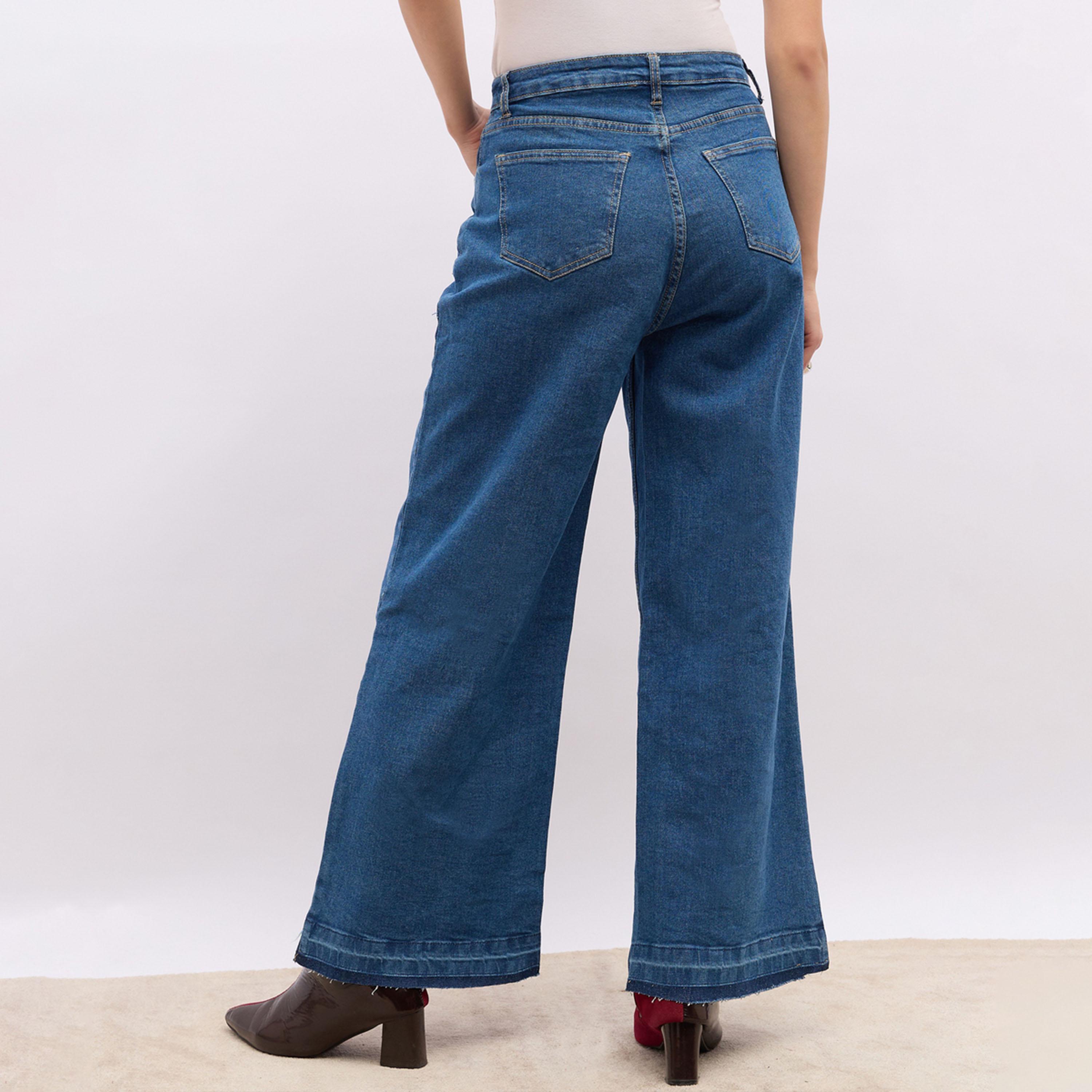 ستايلي - بنطال جينز واسع الساق بخصر مرتفع وحافة منسلة-women-clothing-bottoms-jeans-image-5