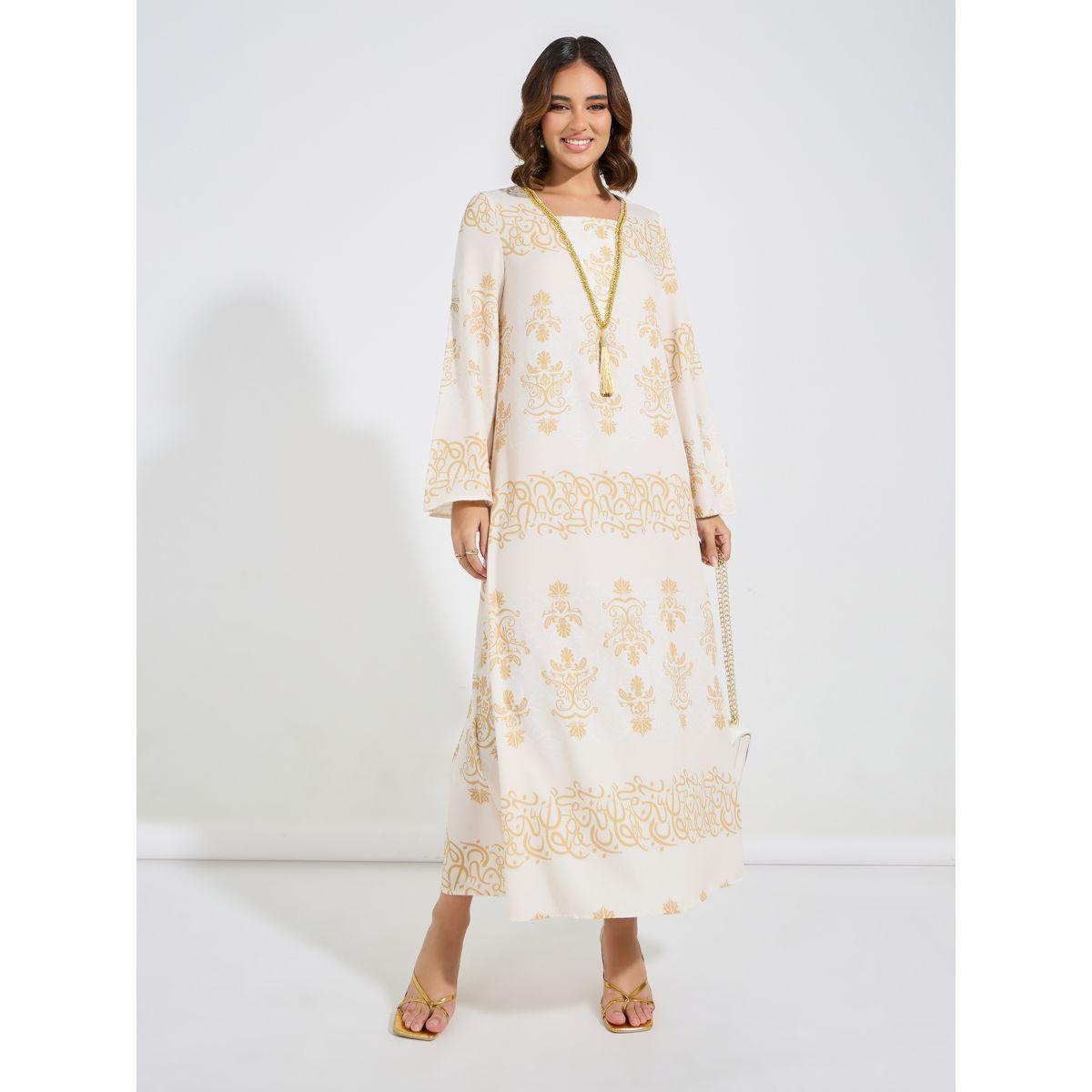 جلابية منمقة بطبعة فويل مع شراشيب-women-arabicclothing-jalabiyas-image-1