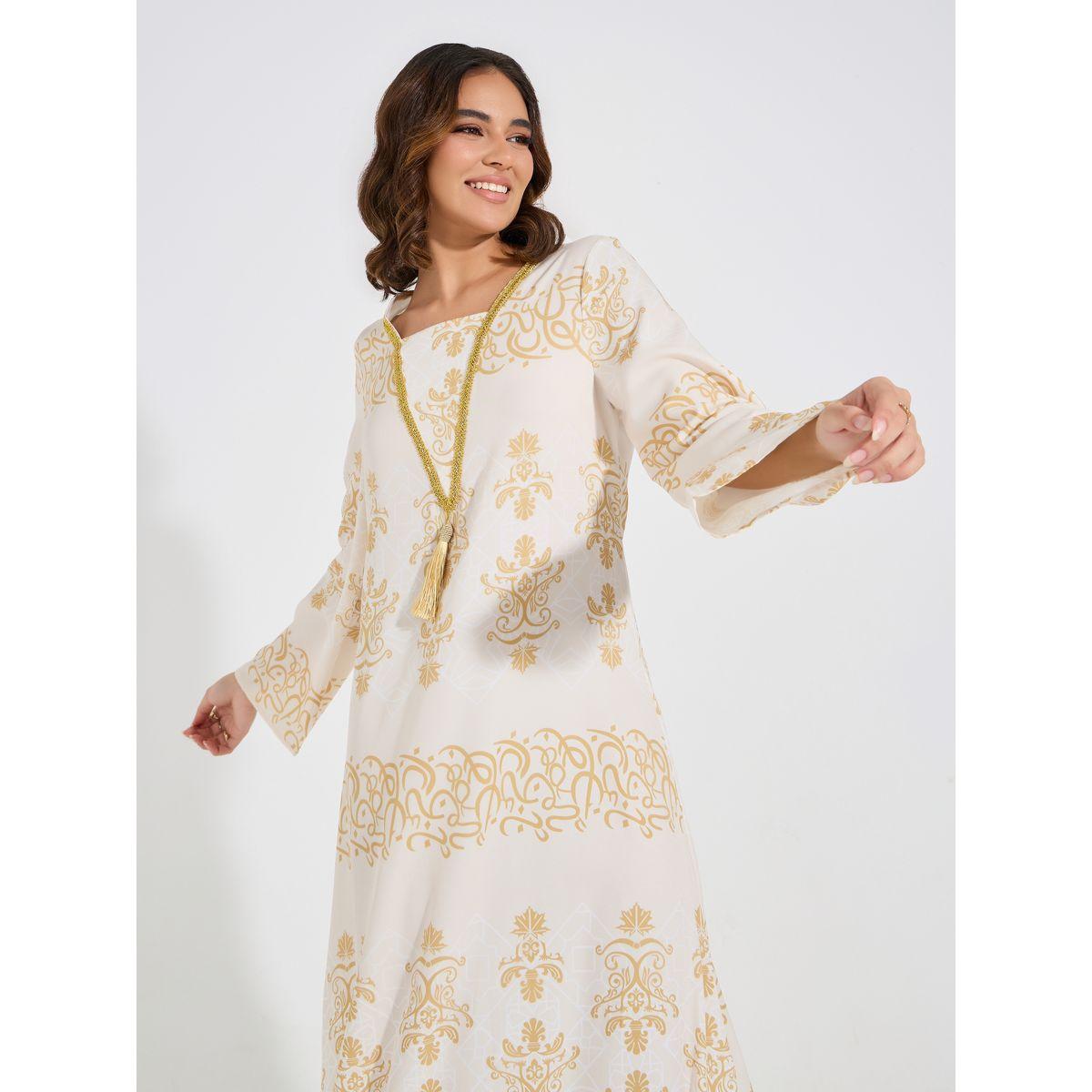جلابية منمقة بطبعة فويل مع شراشيب-women-arabicclothing-jalabiyas-image-2