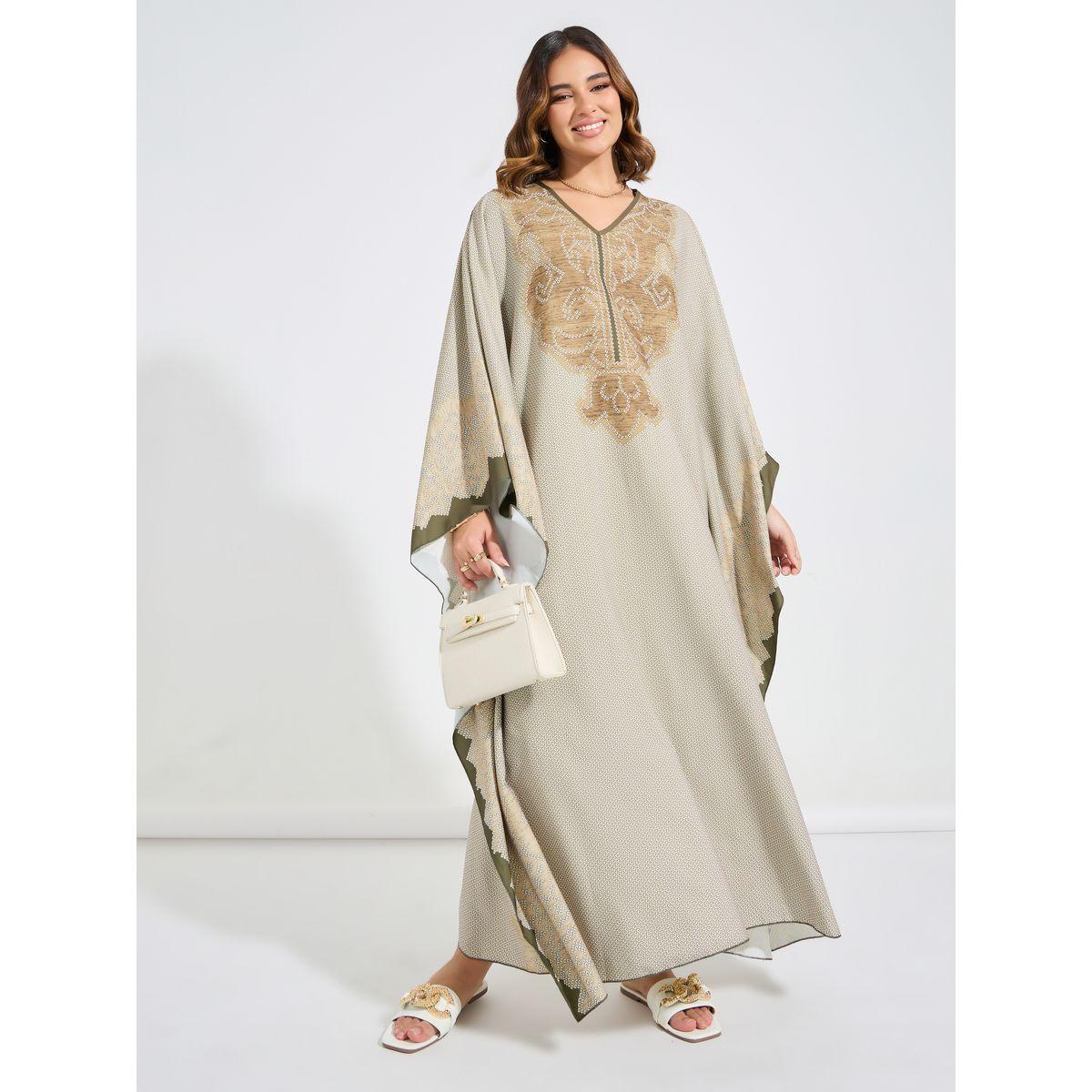 Styli All Over Print V Neck Kaftan-women-arabicclothing-kaftan-image-1