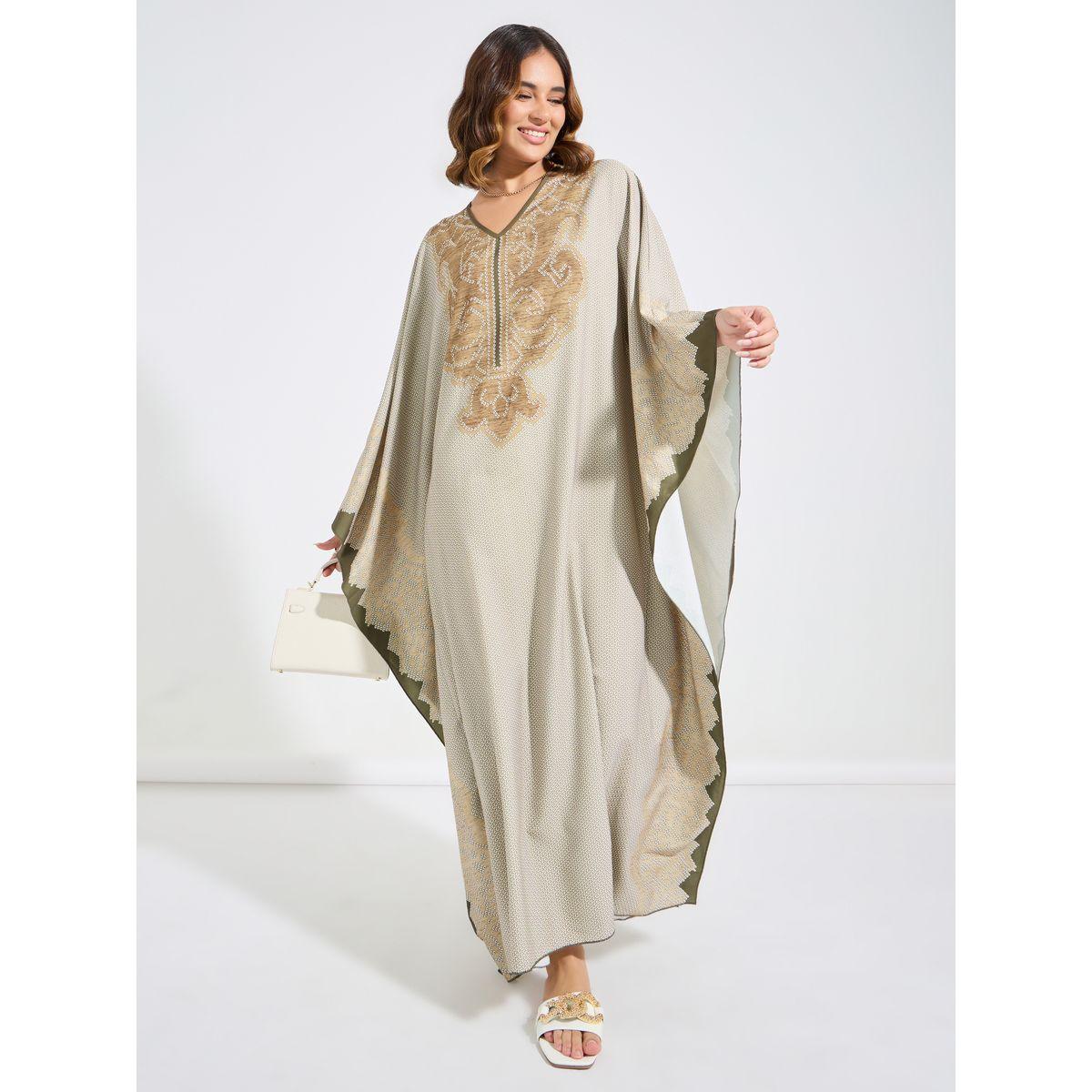 Styli All Over Print V Neck Kaftan-women-arabicclothing-kaftan-image-4