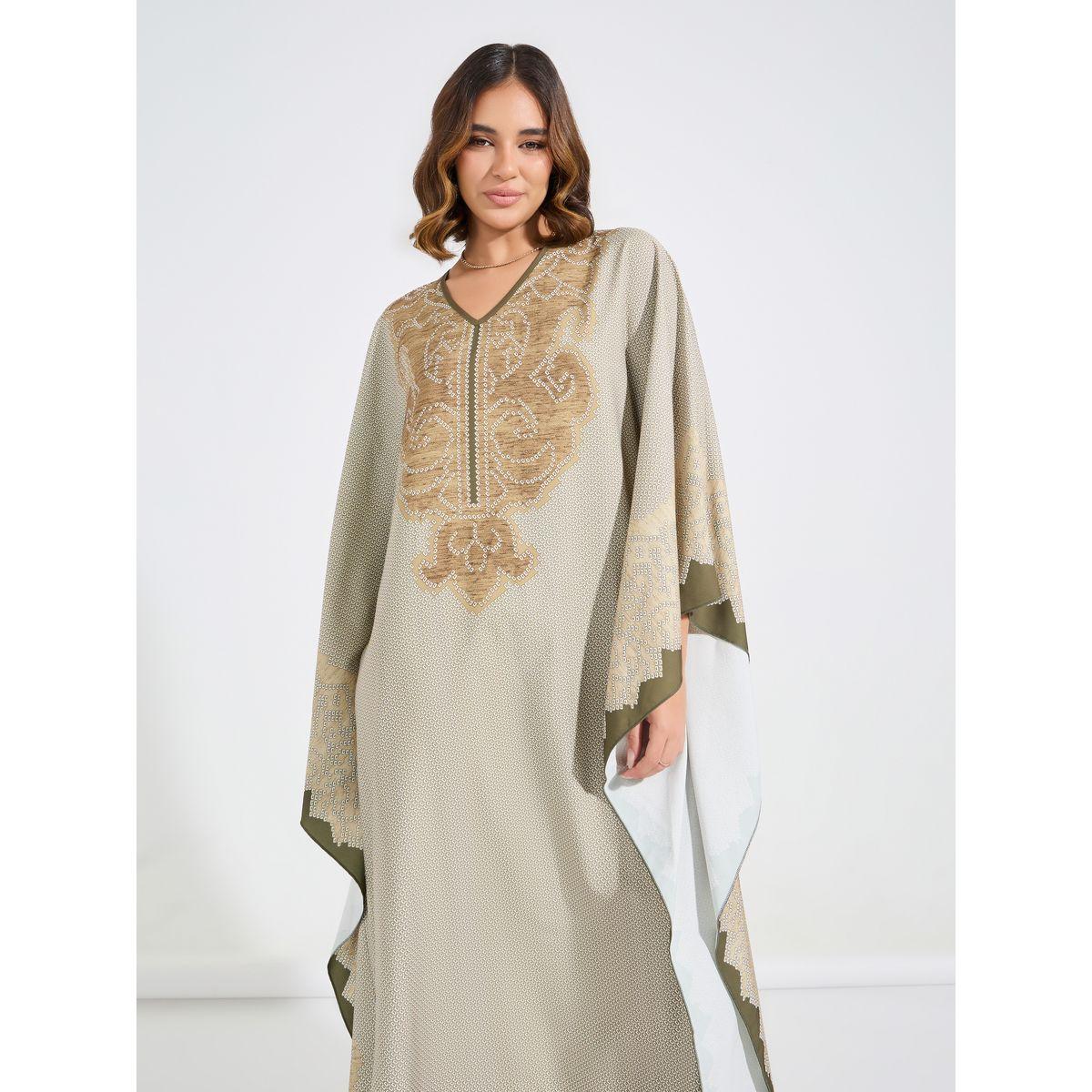 Styli All Over Print V Neck Kaftan-women-arabicclothing-kaftan-image-5