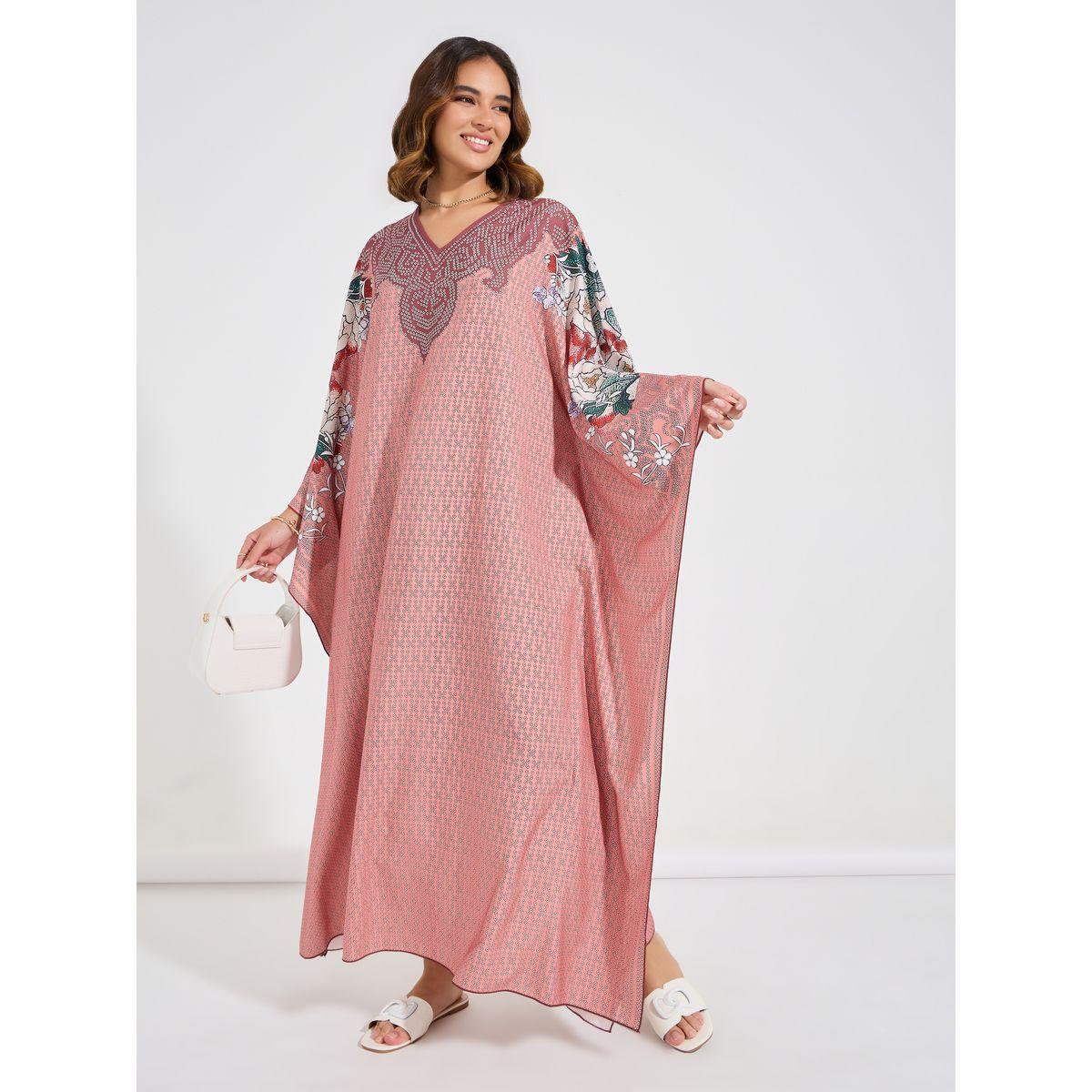 Styli All Over Print V Neck Kaftan-women-arabicclothing-kaftan-image-1