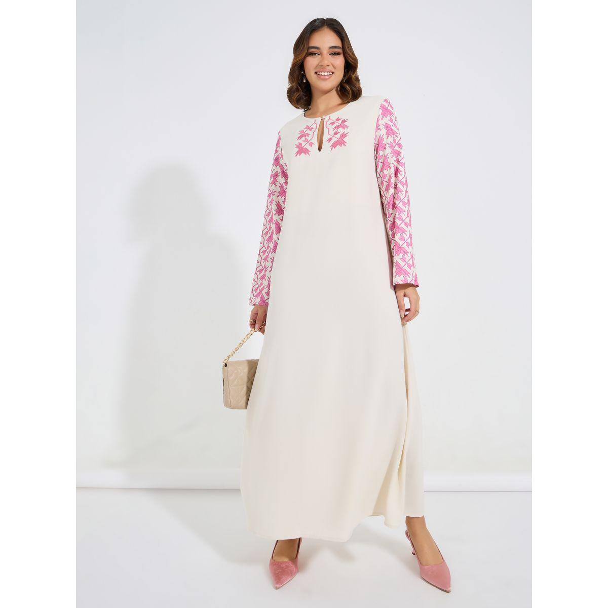 جلابية باكمام طويل مطبعة بالكامل مع ياقة بشق-women-arabicclothing-jalabiyas-image-1