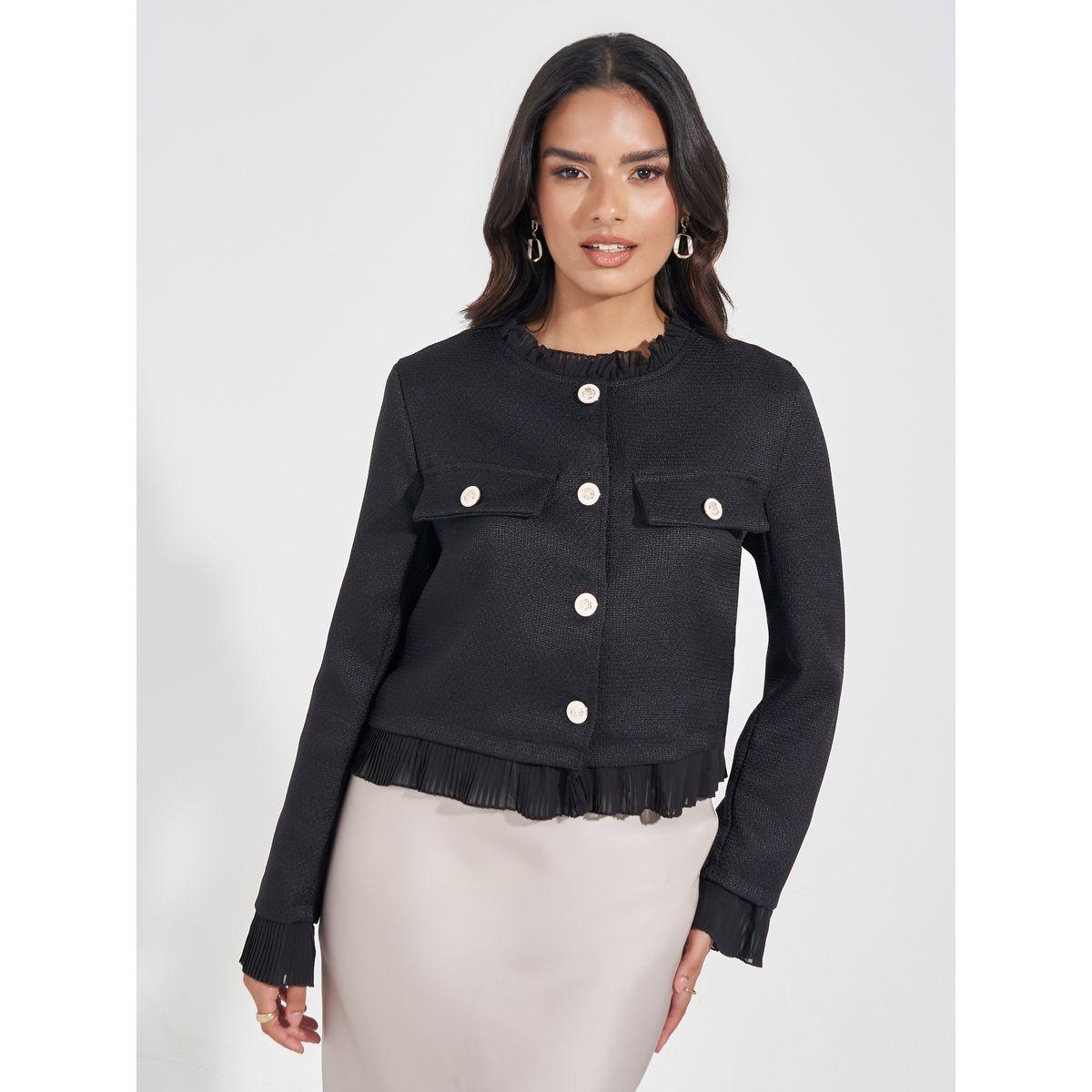 Styli Regular Fit Tweed Jacket with Woven Trim-women-winterwear-coatsandjackets-jackets-image-1