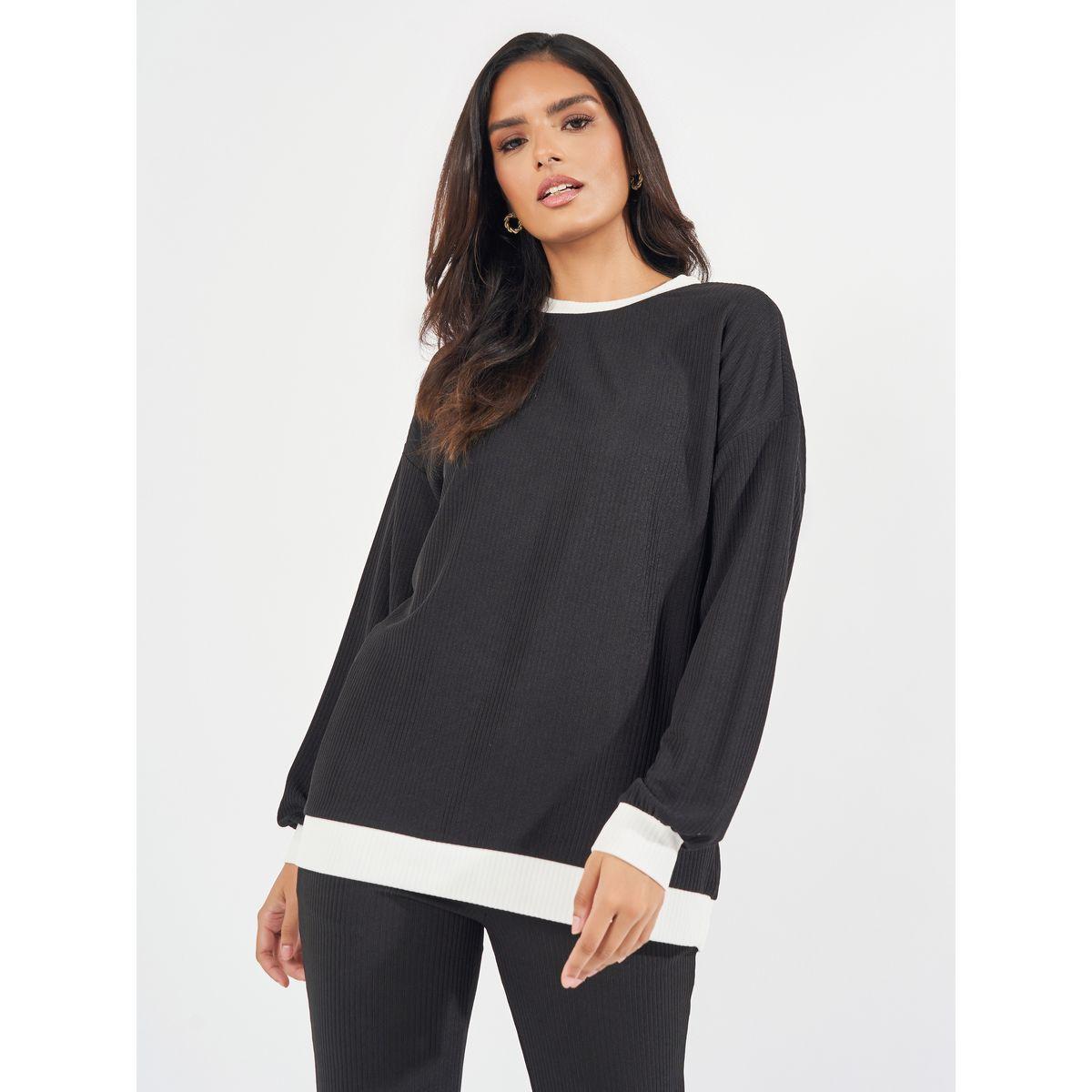 Styli Ribbed Knit Oversized Top & Flared Joggers Co-Ords-women-clothing-coordsets-image-2