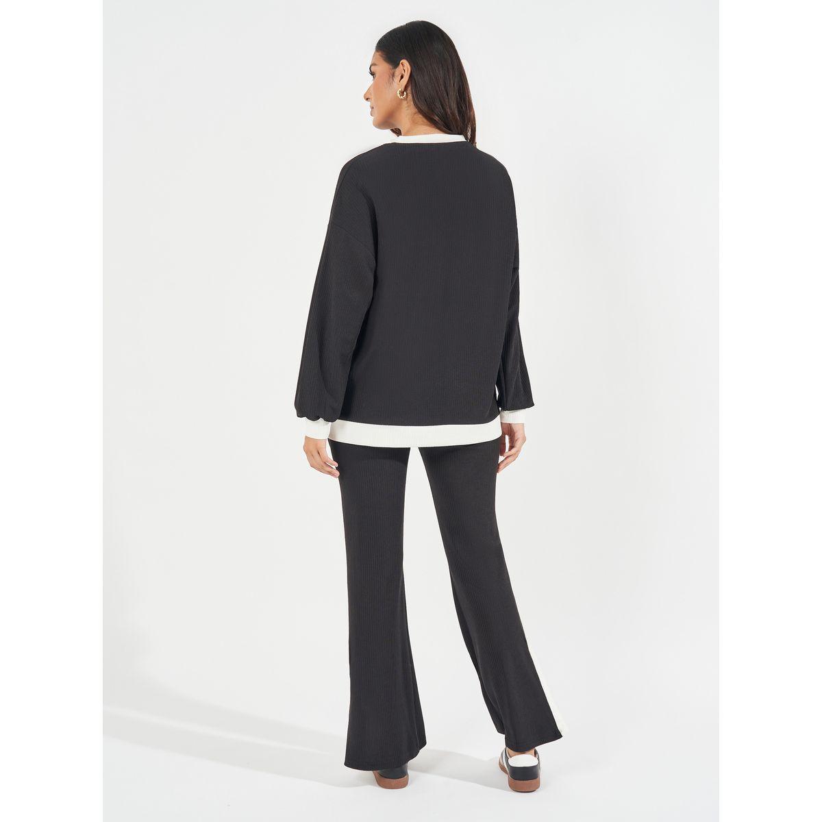 Styli Ribbed Knit Oversized Top & Flared Joggers Co-Ords-women-clothing-coordsets-image-5