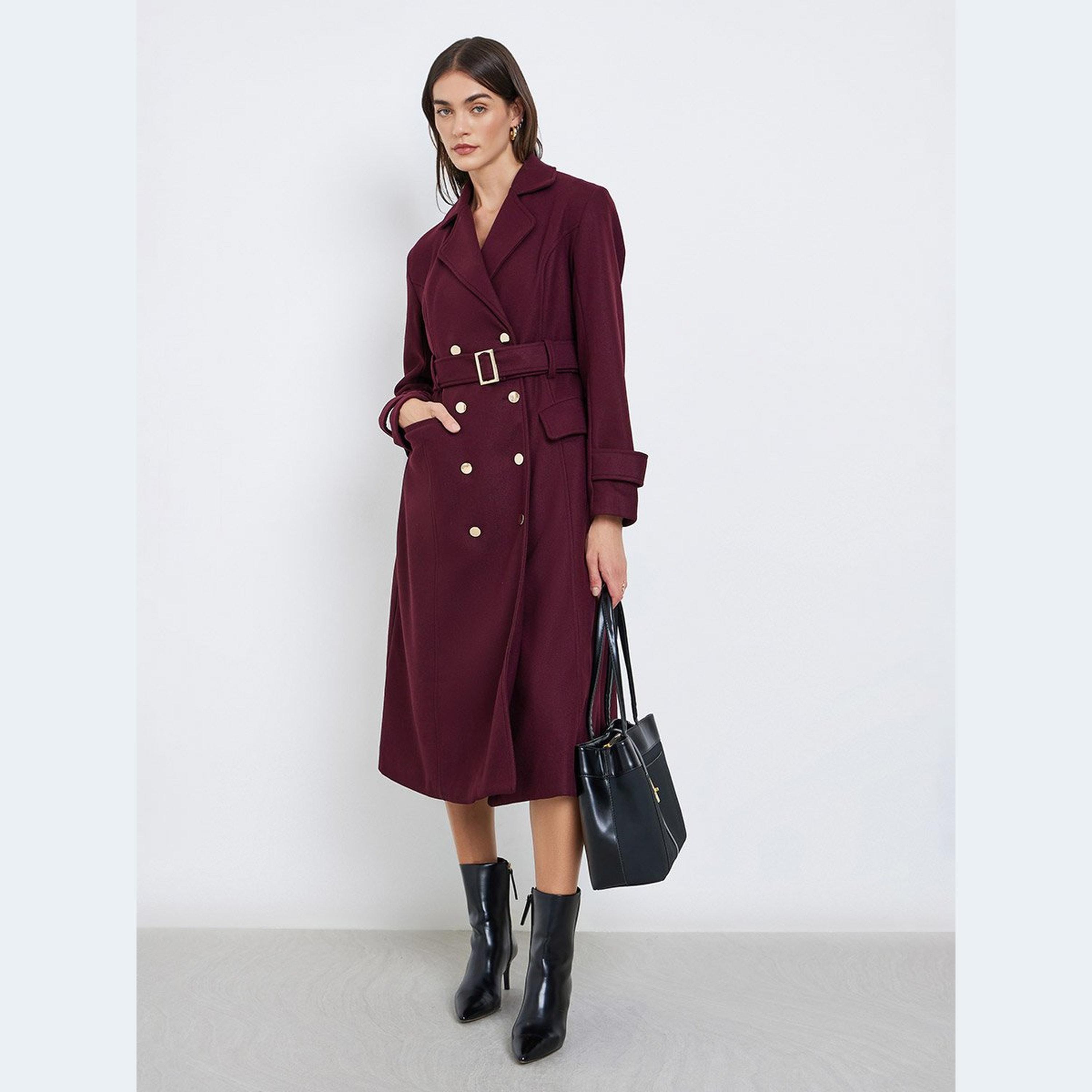 ستايلي - معطف لون عنابي مزدوج الصدر بطول الركبة-women-clothing-coatsandjackets-coats-image-1