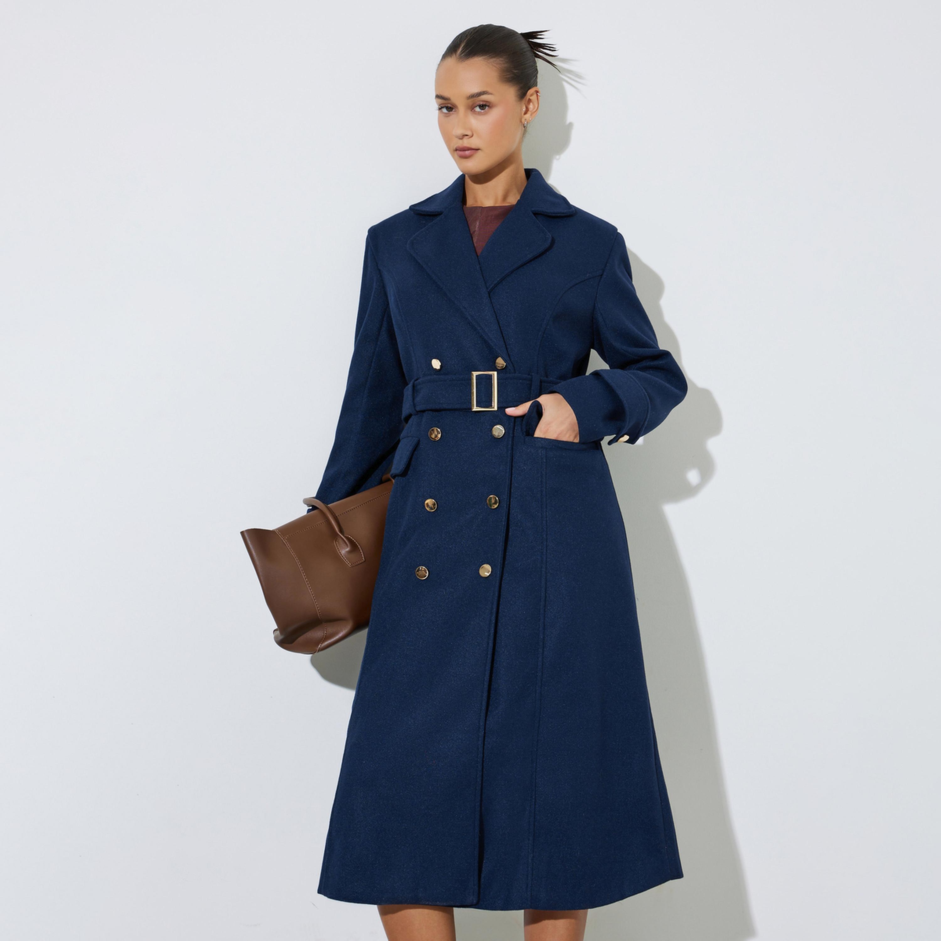 Styli Navy Blue Double Breasted Knee Length Coat-women-winterwear-coatsandjackets-coats-image-1
