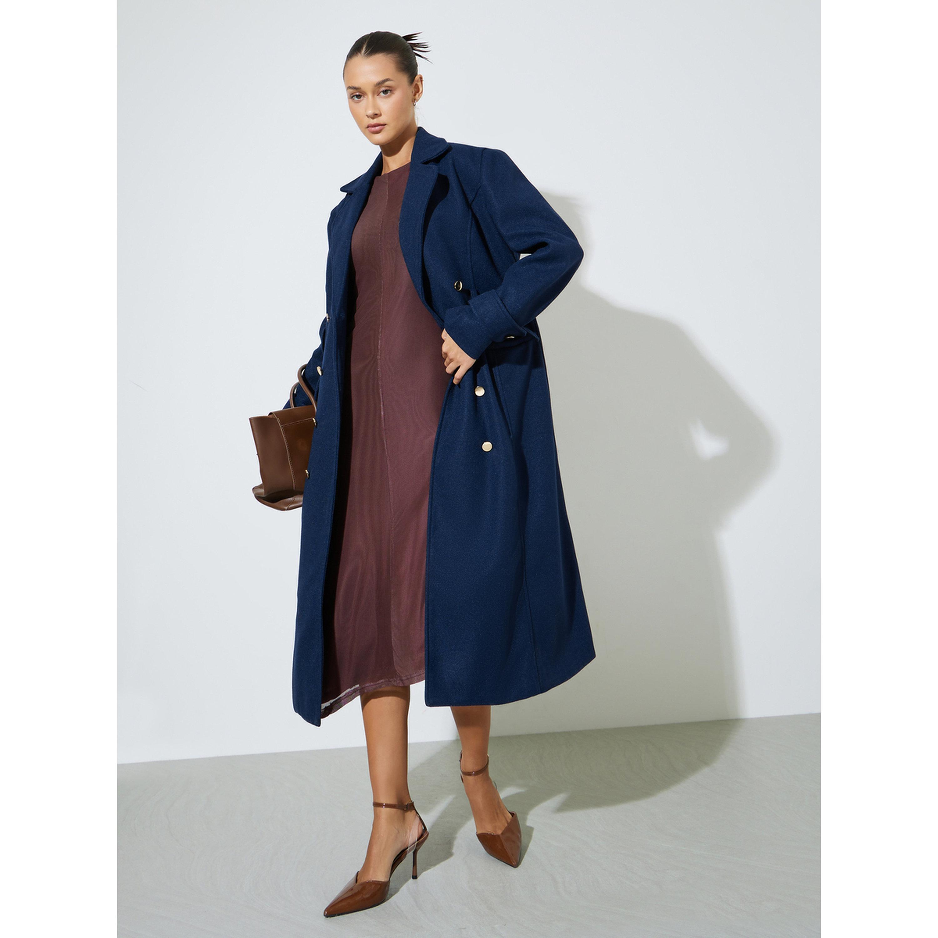 Styli Navy Blue Double Breasted Knee Length Coat-women-winterwear-coatsandjackets-coats-image-2
