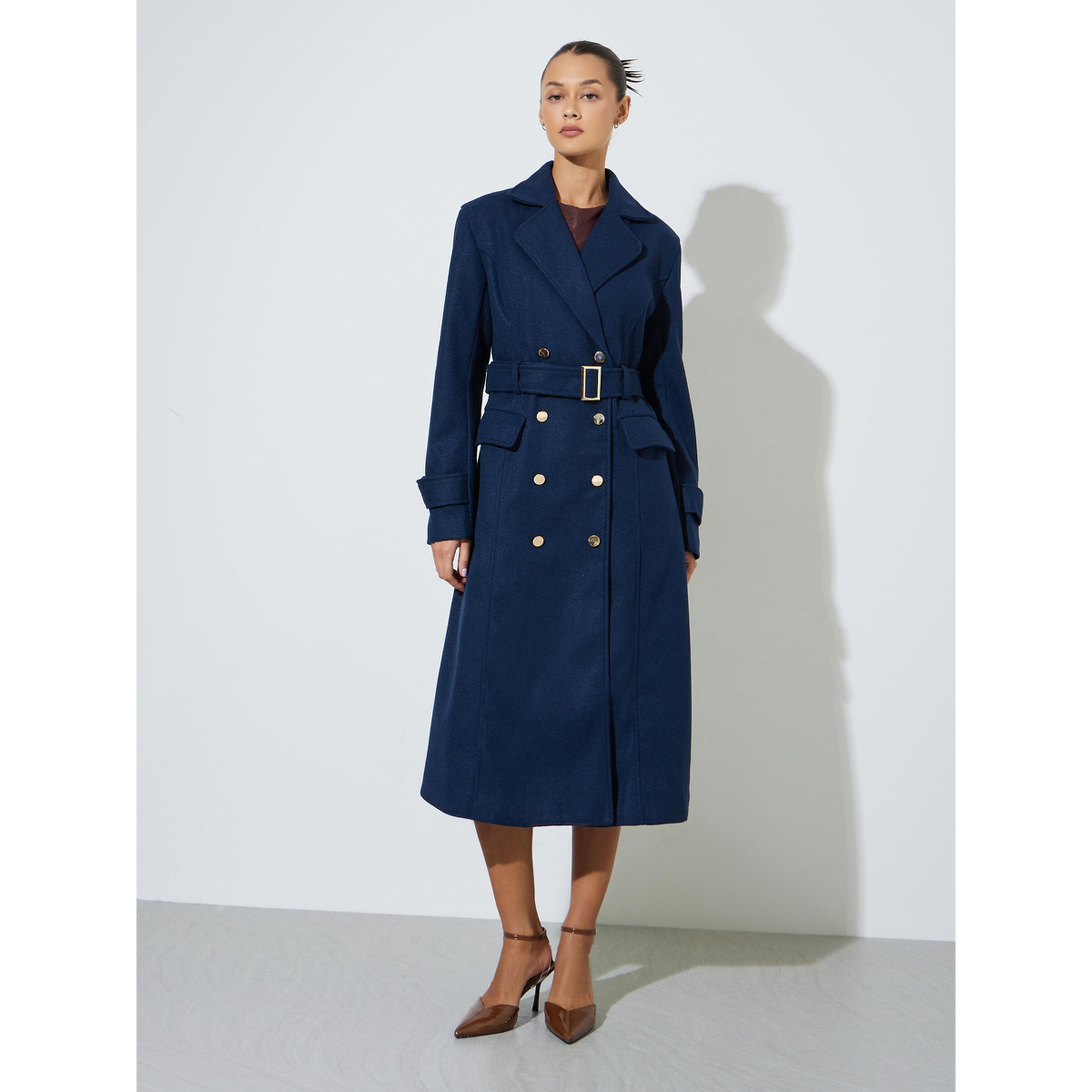 Styli Navy Blue Double Breasted Knee Length Coat-women-winterwear-coatsandjackets-coats-image-3