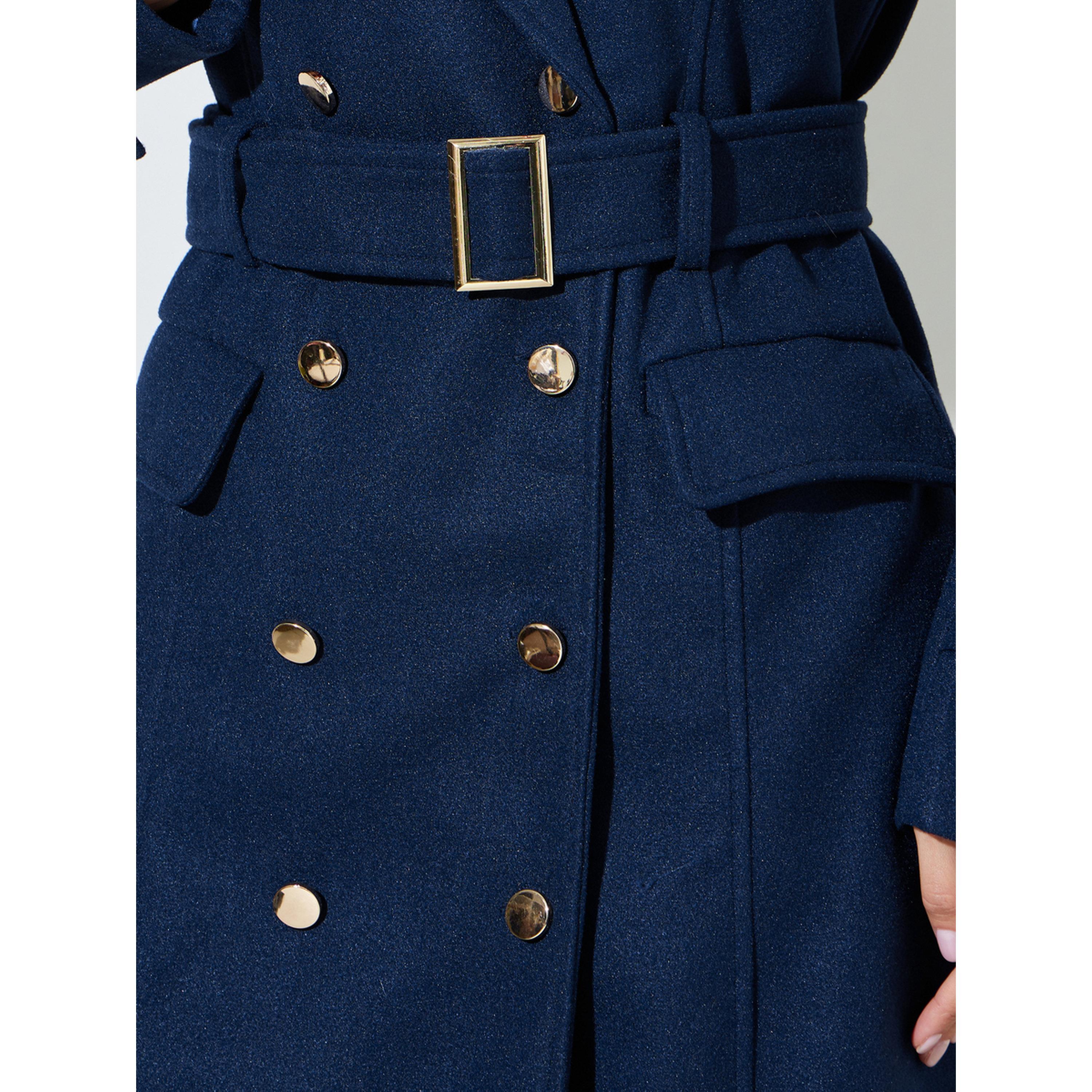 Styli Navy Blue Double Breasted Knee Length Coat-women-winterwear-coatsandjackets-coats-image-5
