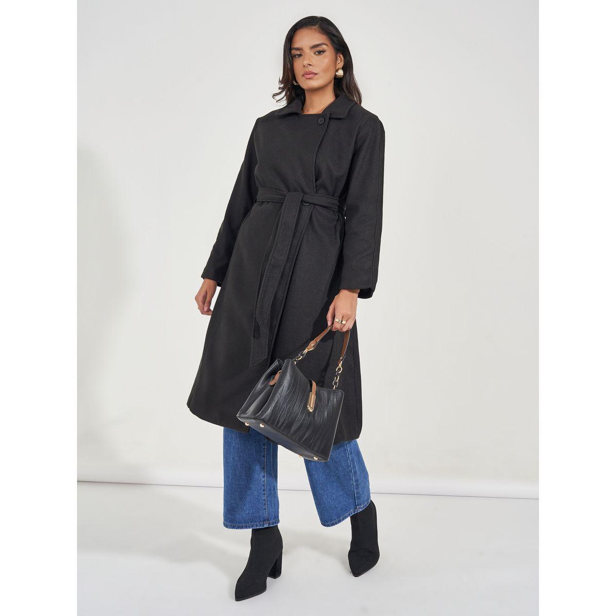 Styli Regular Fit Wool Like Belted Coat with Notch Lapel-women-clothing-coatsandjackets-coats-image-1