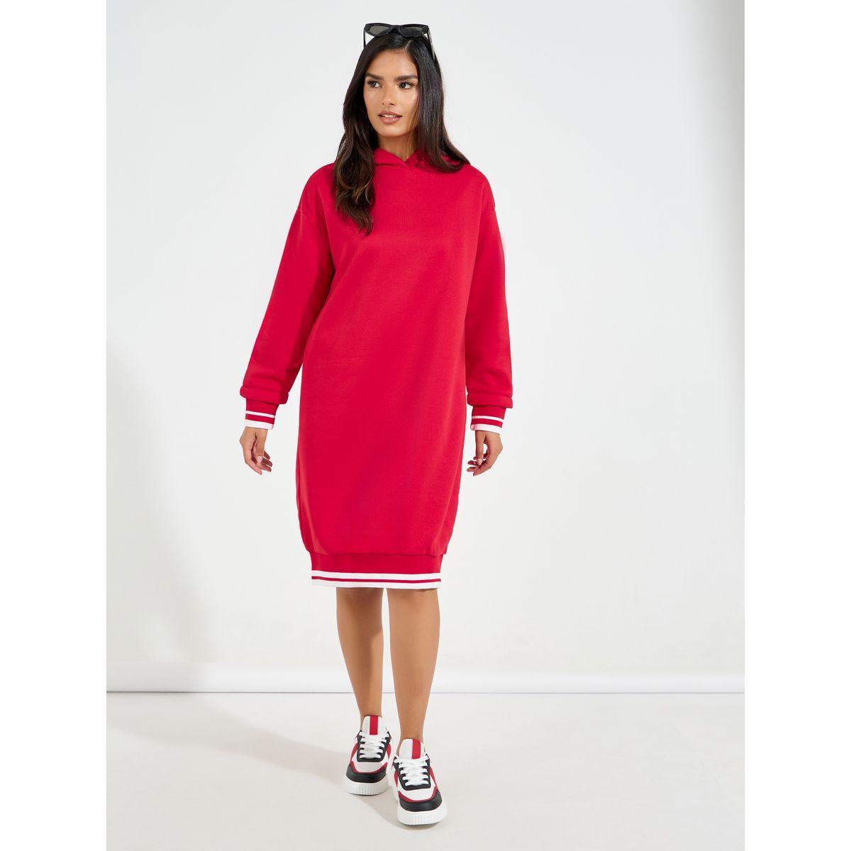 Styli Striped Cuff Hooded Sweatshirt Knee-Length Dress-women-clothing-dresses-image-2