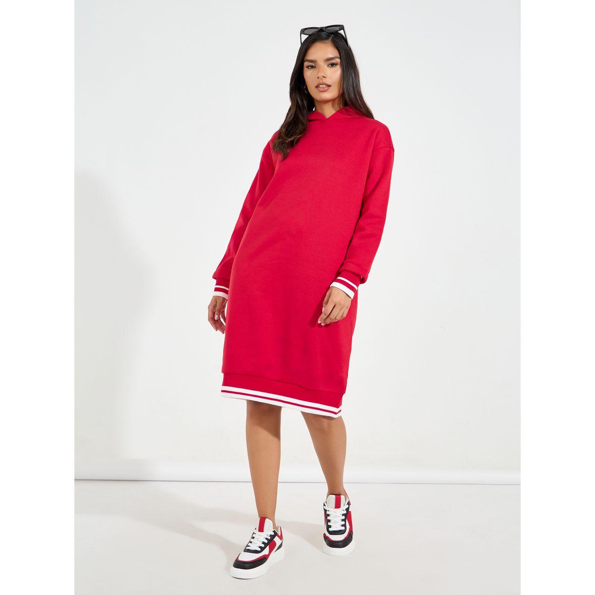 Styli Striped Cuff Hooded Sweatshirt Knee-Length Dress-women-clothing-dresses-image-4