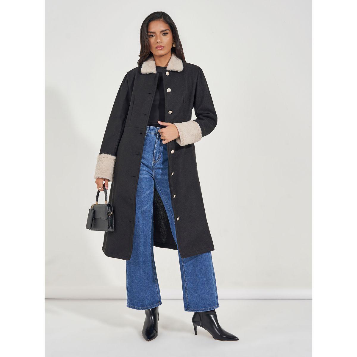 Styli Regular Fit Buttoned Wool Like Coat with Faux Fur Trim-women-clothing-coatsandjackets-coats-image-1