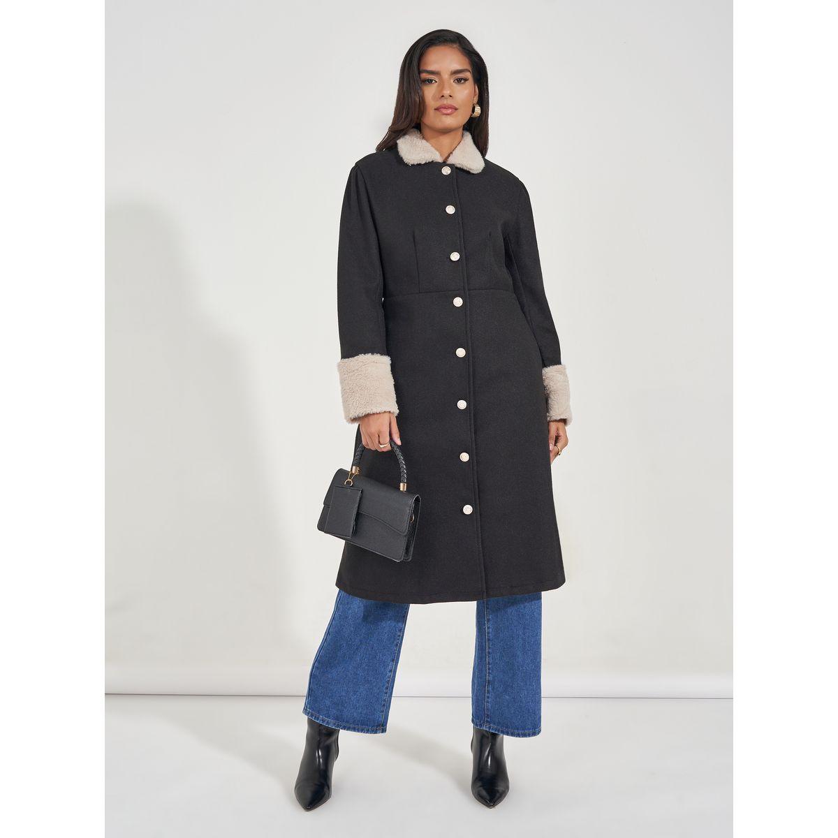Styli Regular Fit Buttoned Wool Like Coat with Faux Fur Trim-women-clothing-coatsandjackets-coats-image-2