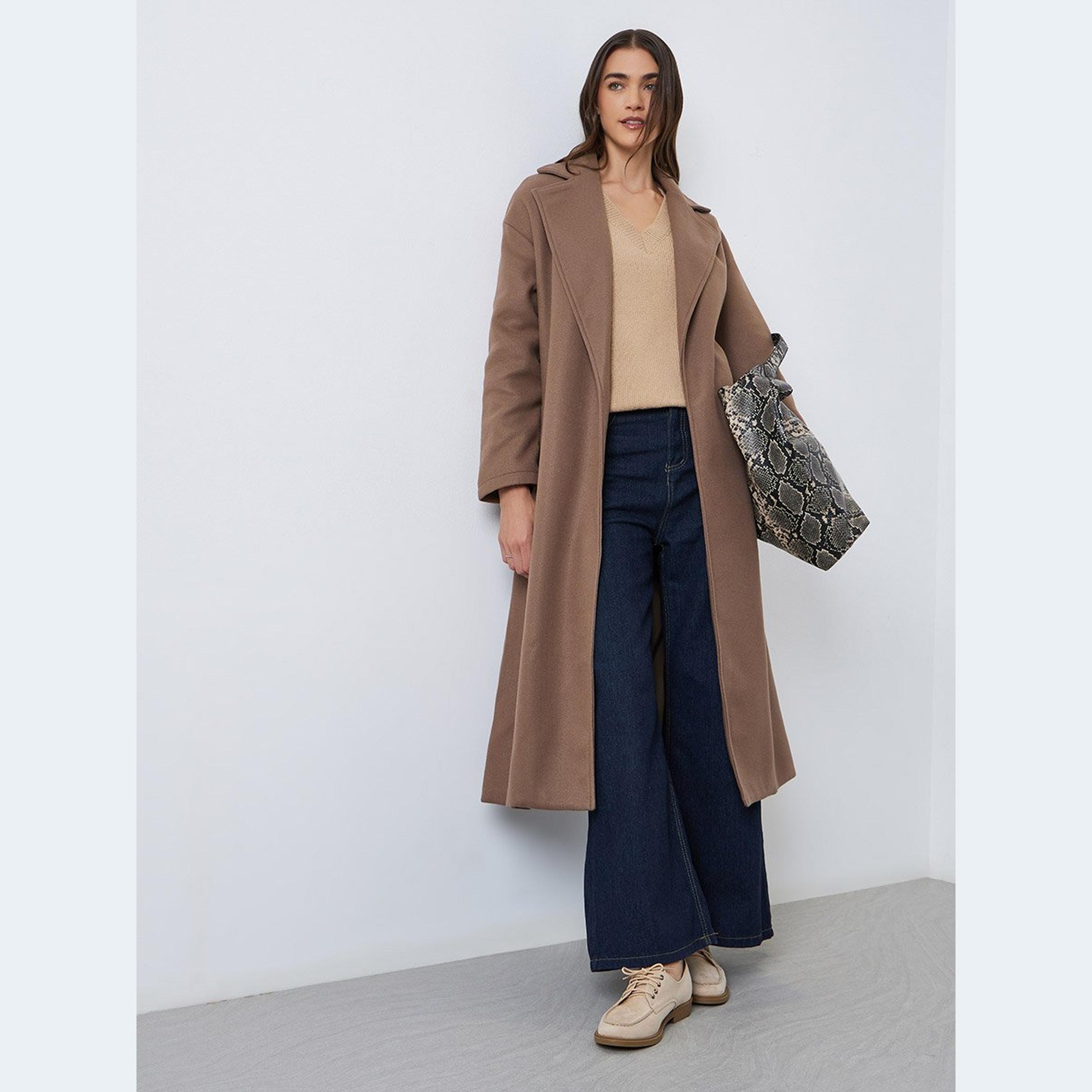 Styli Women Brown Midi Belted Coat-women-clothing-coatsandjackets-coats-image-1