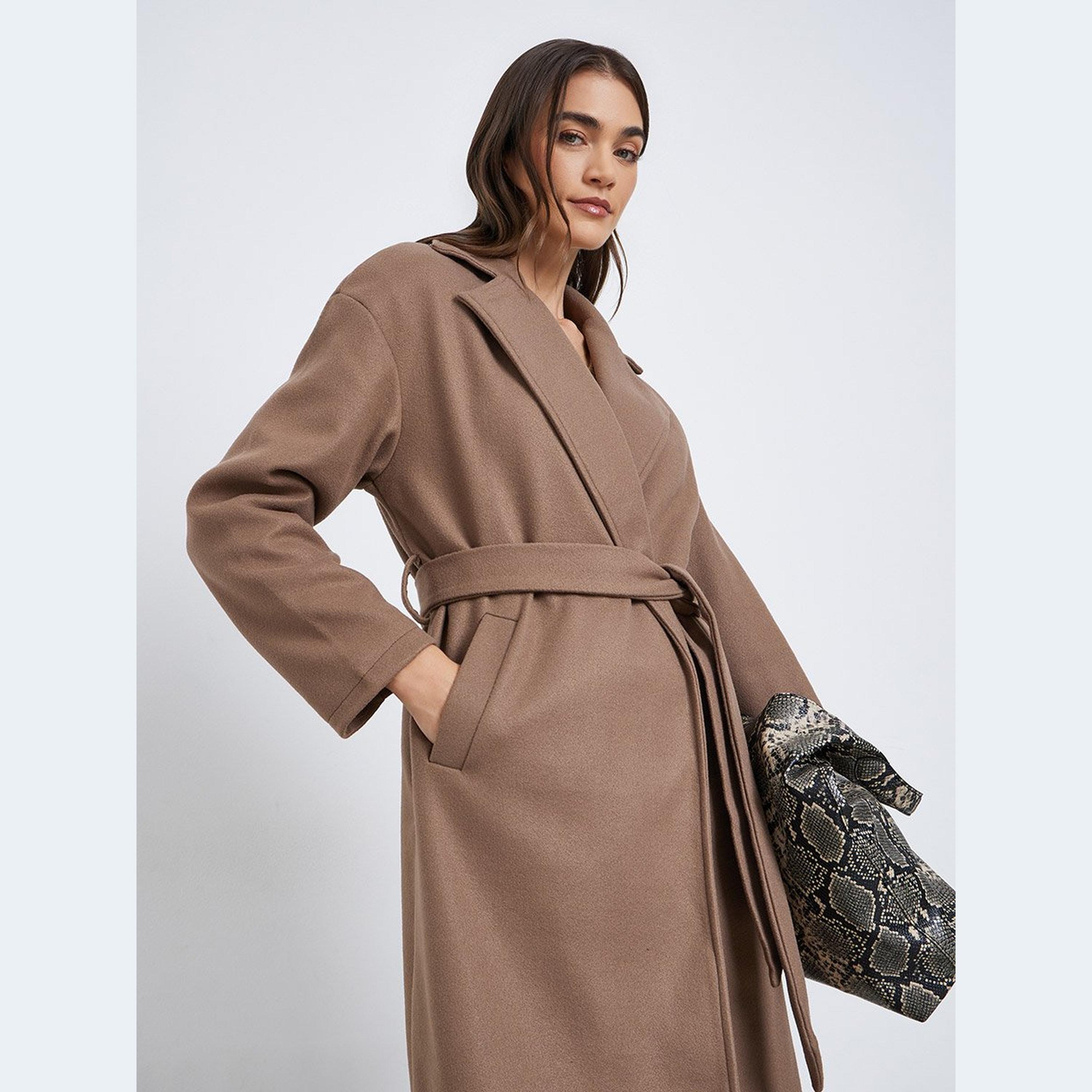 Styli Women Brown Midi Belted Coat-women-clothing-coatsandjackets-coats-image-2
