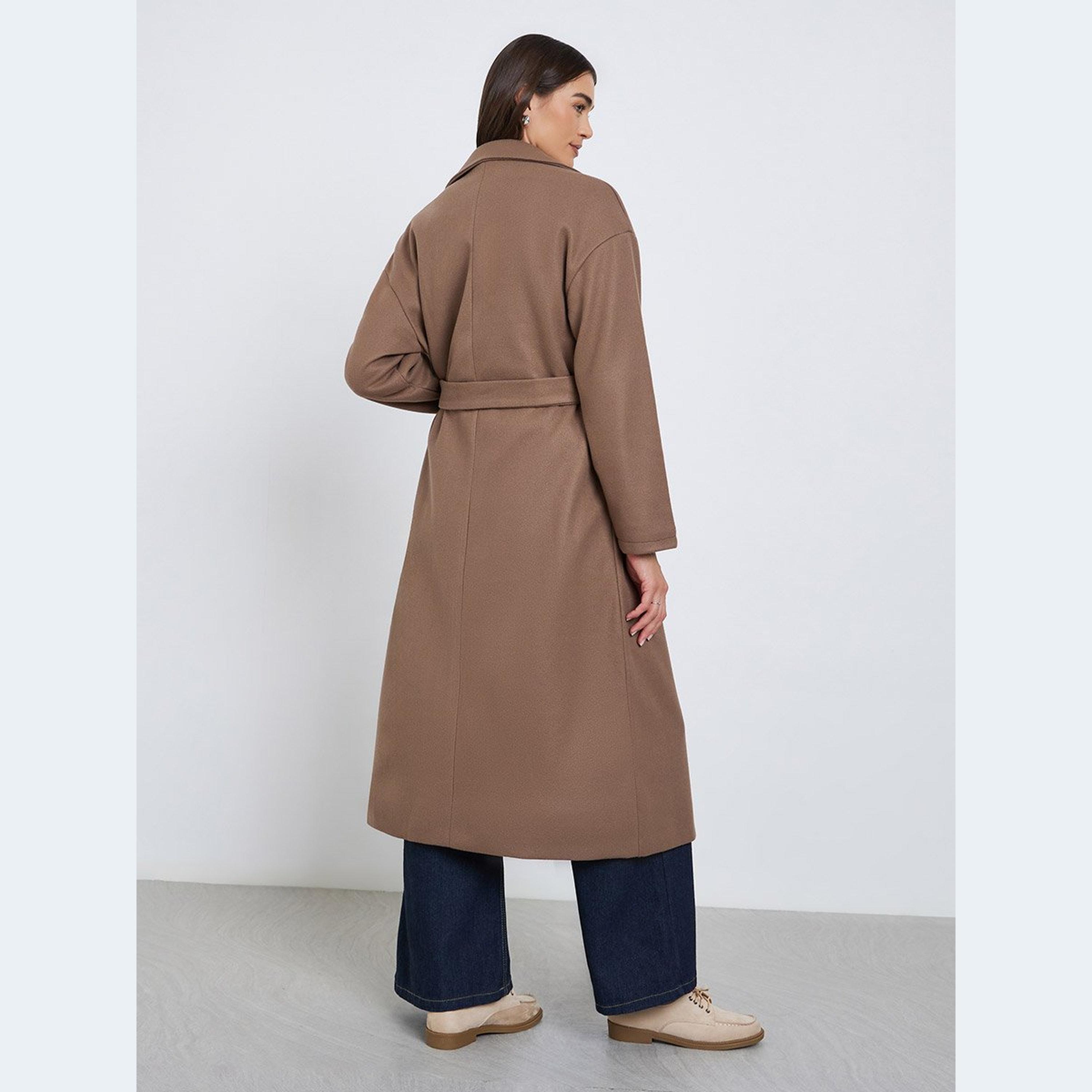 Styli Women Brown Midi Belted Coat-women-clothing-coatsandjackets-coats-image-3
