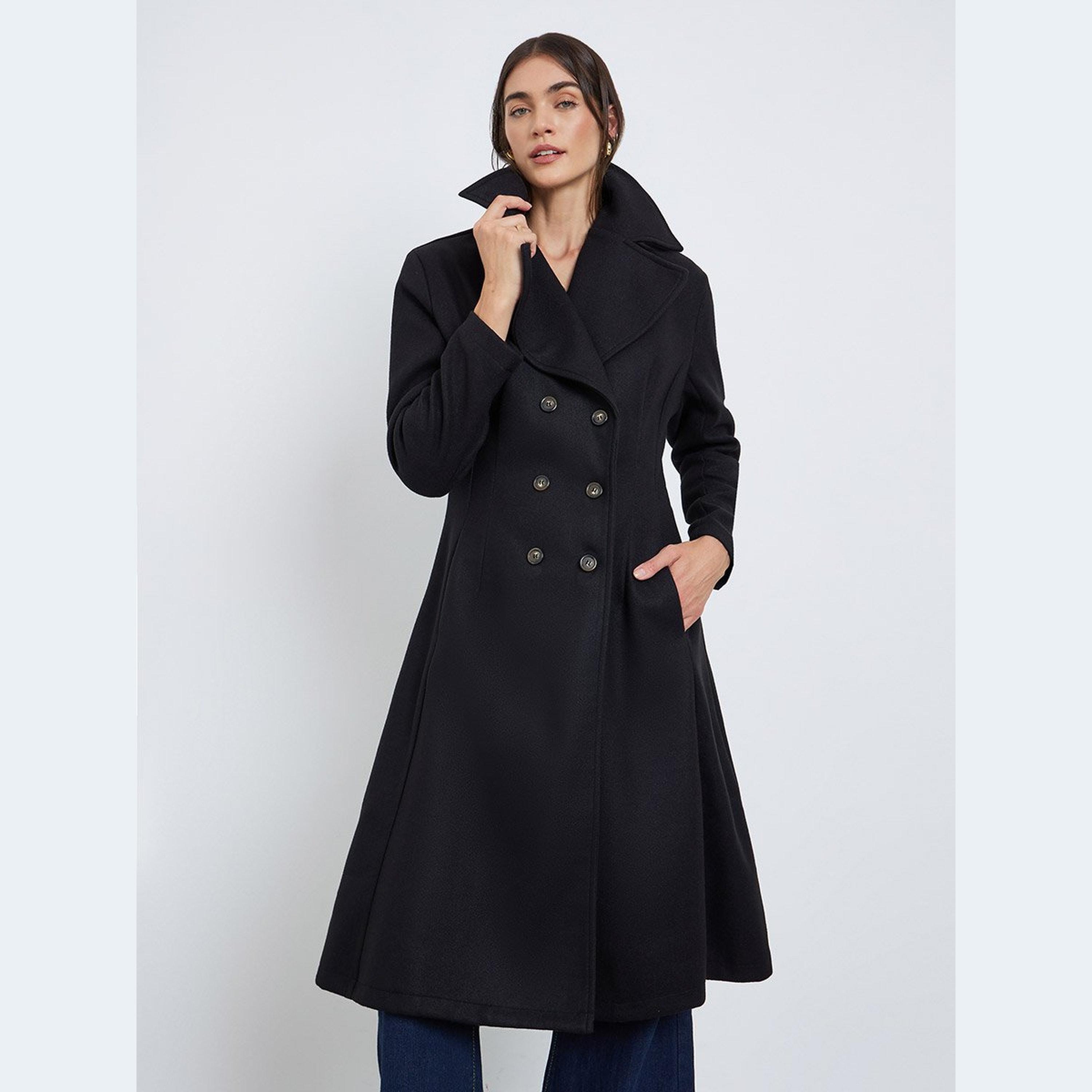 ستايلي - معطف أسود مزدوج الصدر بطول الركبة-women-clothing-coatsandjackets-coats-image-1