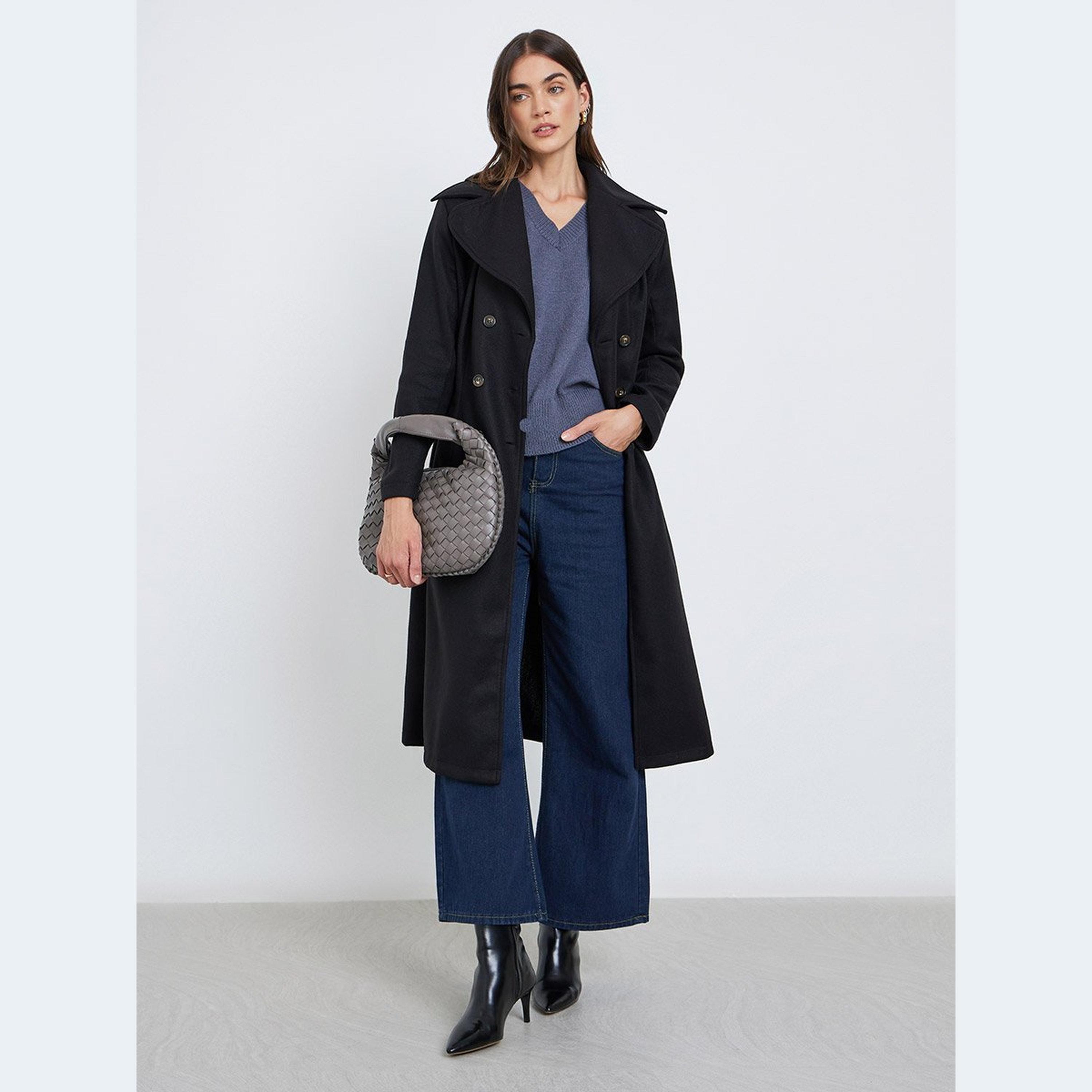 Styli Black Double-Breasted Knee-Length Coat-women-clothing-coatsandjackets-coats-image-2