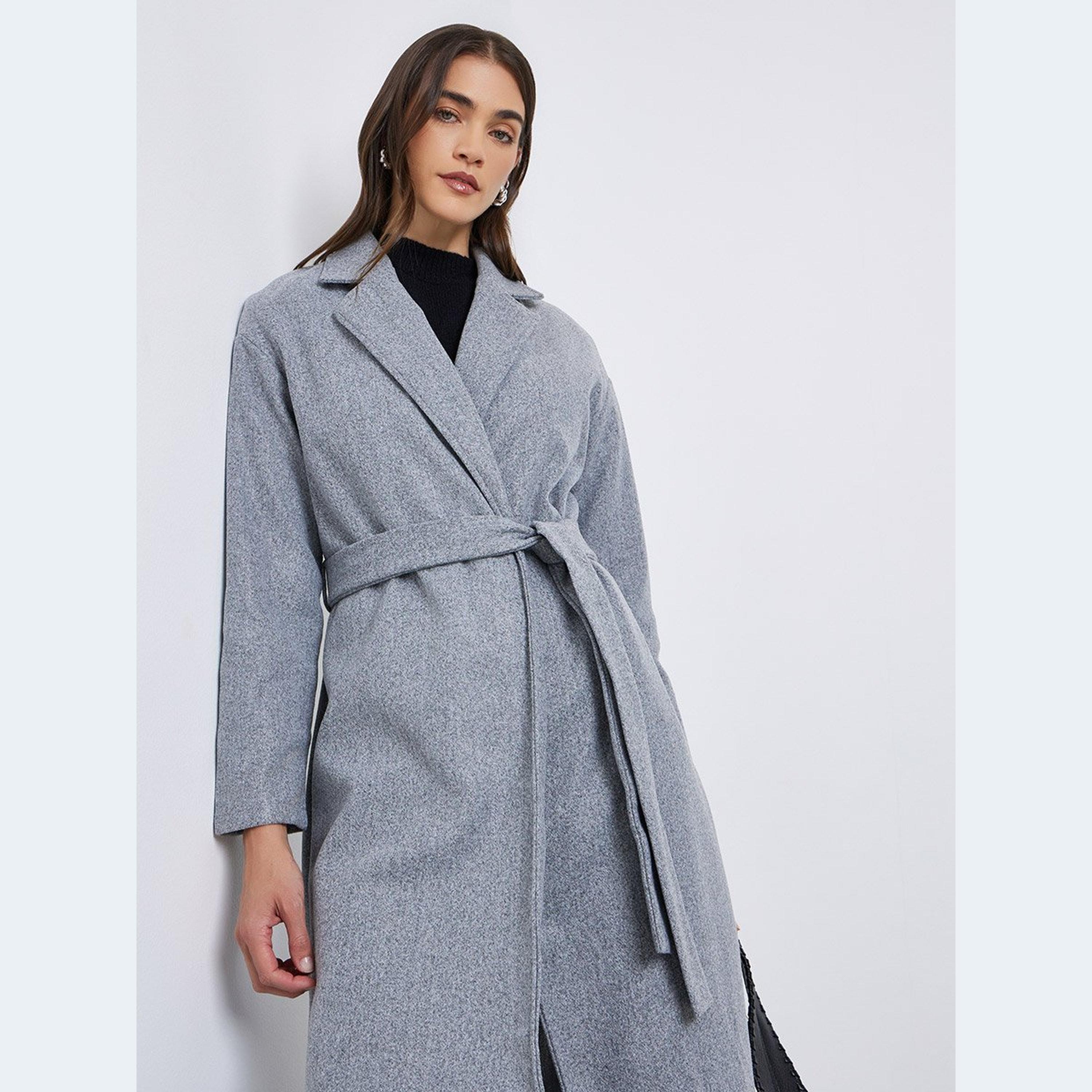 Styli Grey Regular Fit Belted Midi Coat-women-clothing-coatsandjackets-coats-image-2