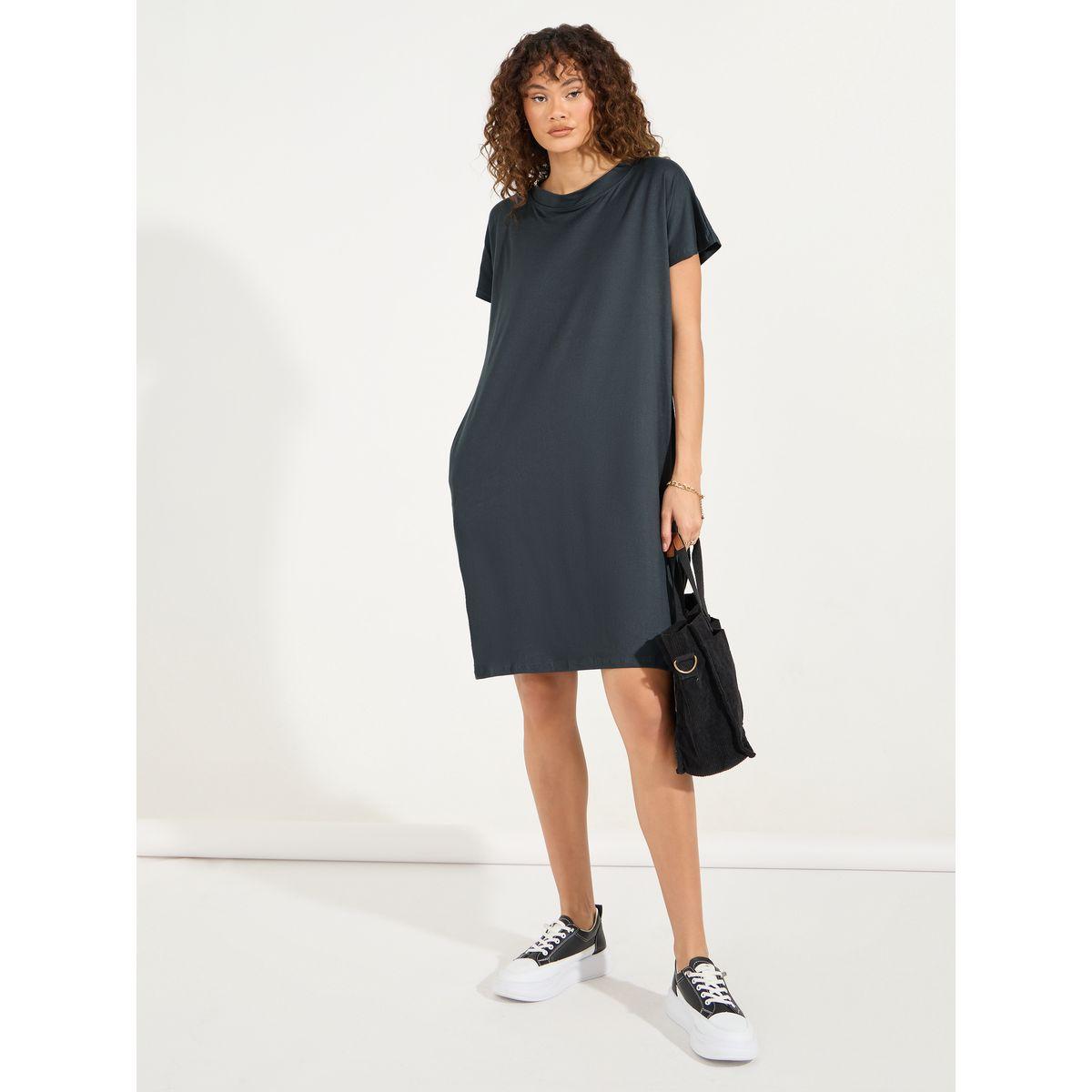 Styli Plain Short Sleeves Shift Knee-Length Dress-women-clothing-dresses-image-1