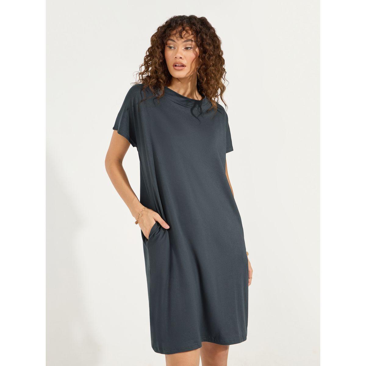 Styli Plain Short Sleeves Shift Knee-Length Dress-women-clothing-dresses-image-2