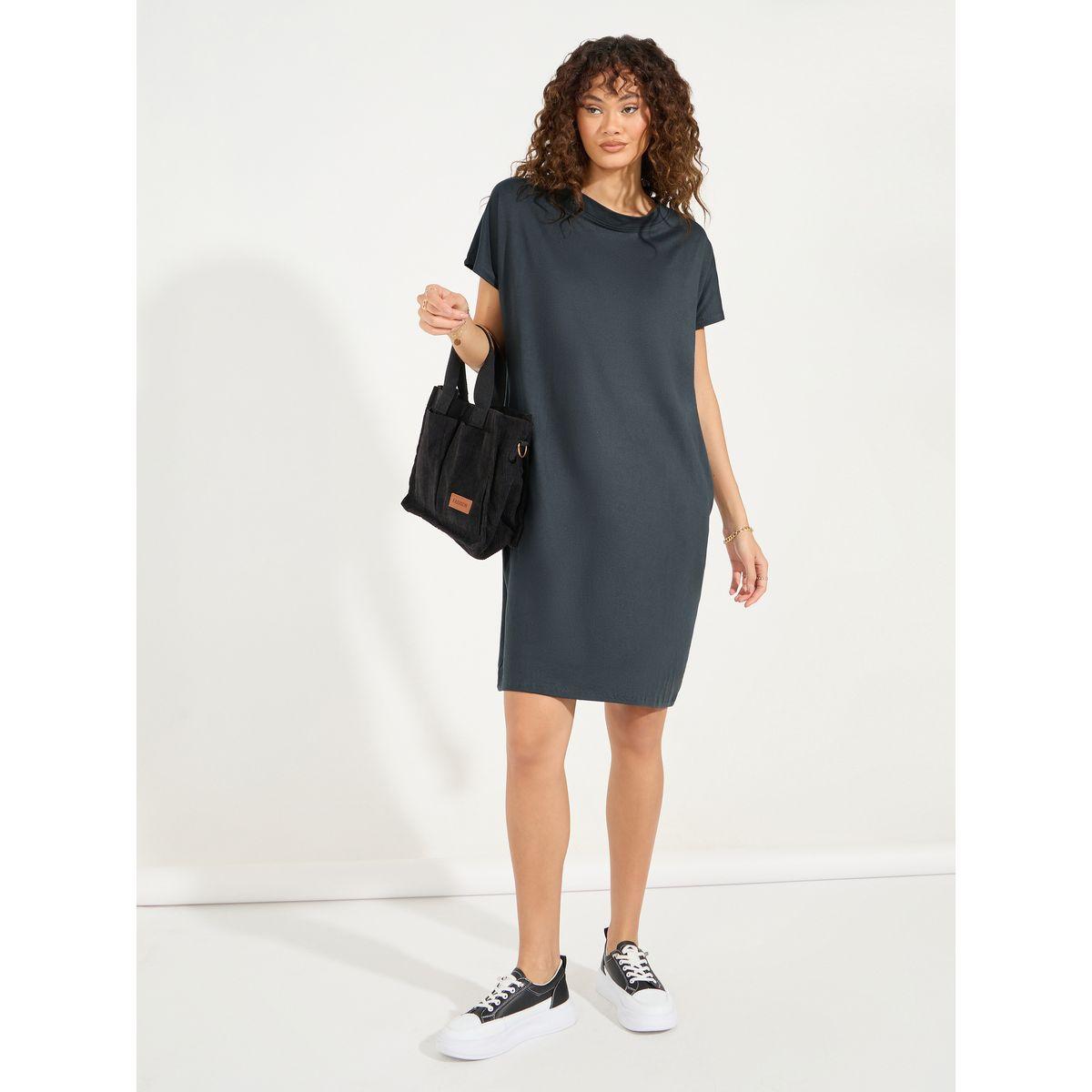 Styli Plain Short Sleeves Shift Knee-Length Dress-women-clothing-dresses-image-4